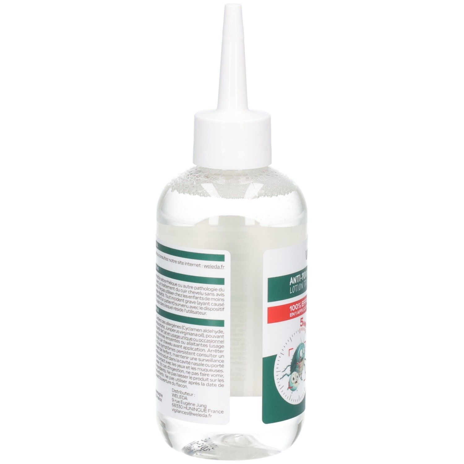 Arrière du flacon de lotion Weleda anti-poux et lentes avec informations détaillées et ingrédients.