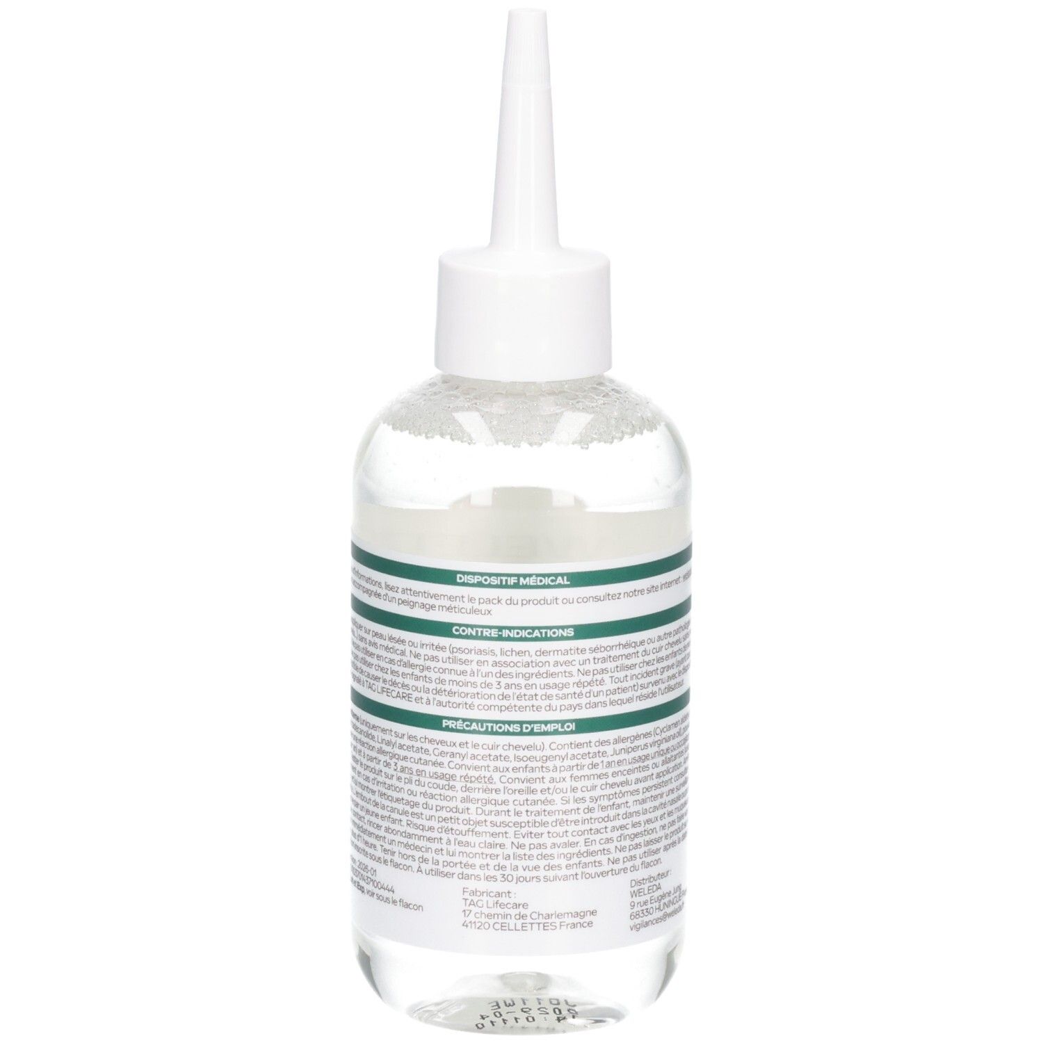 Vue latérale du flacon de lotion Weleda anti-poux et lentes avec instructions d'utilisation et avertissements.