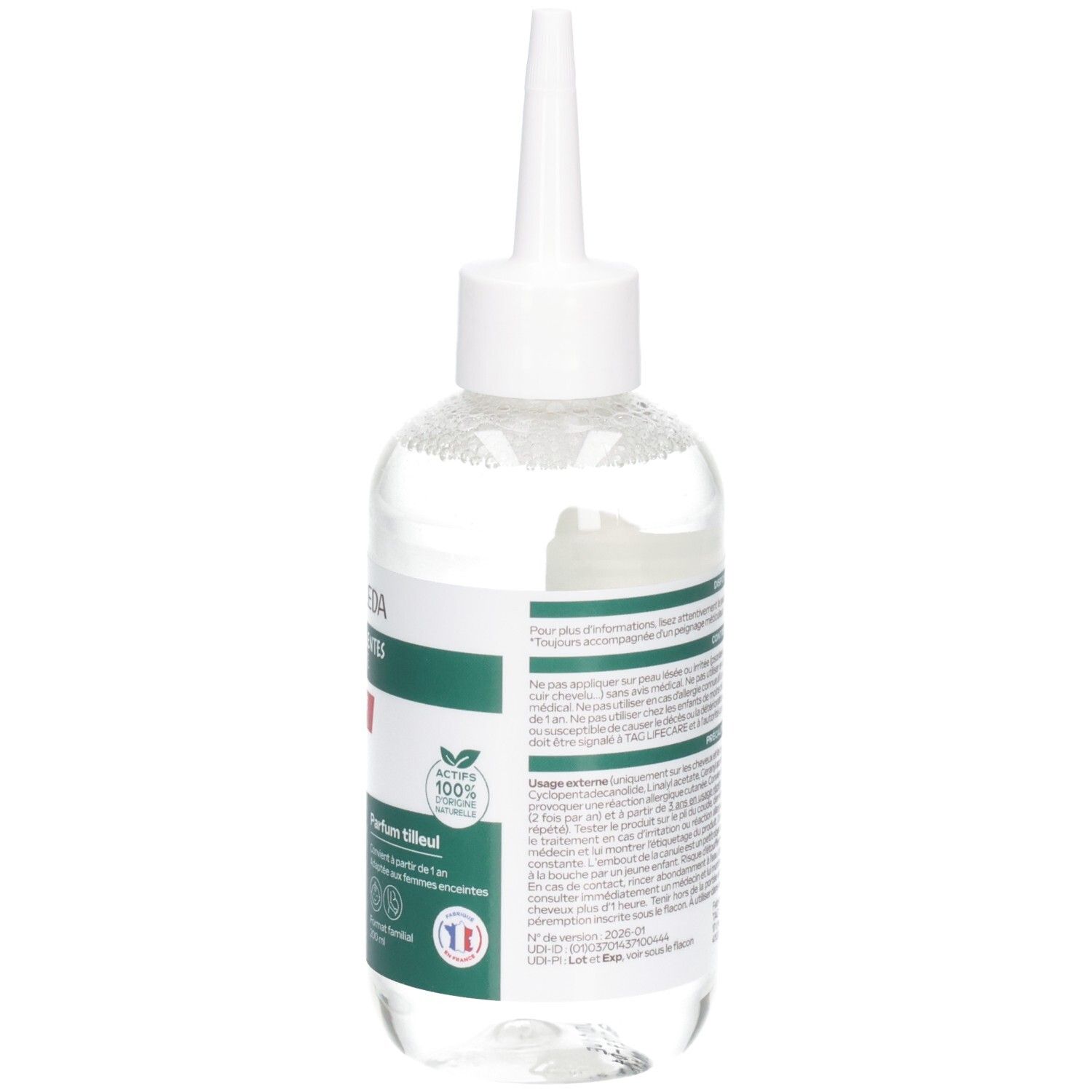 Vue latérale du flacon de lotion Weleda anti-poux et lentes mettant en avant les détails de l'étiquette et les sceaux.