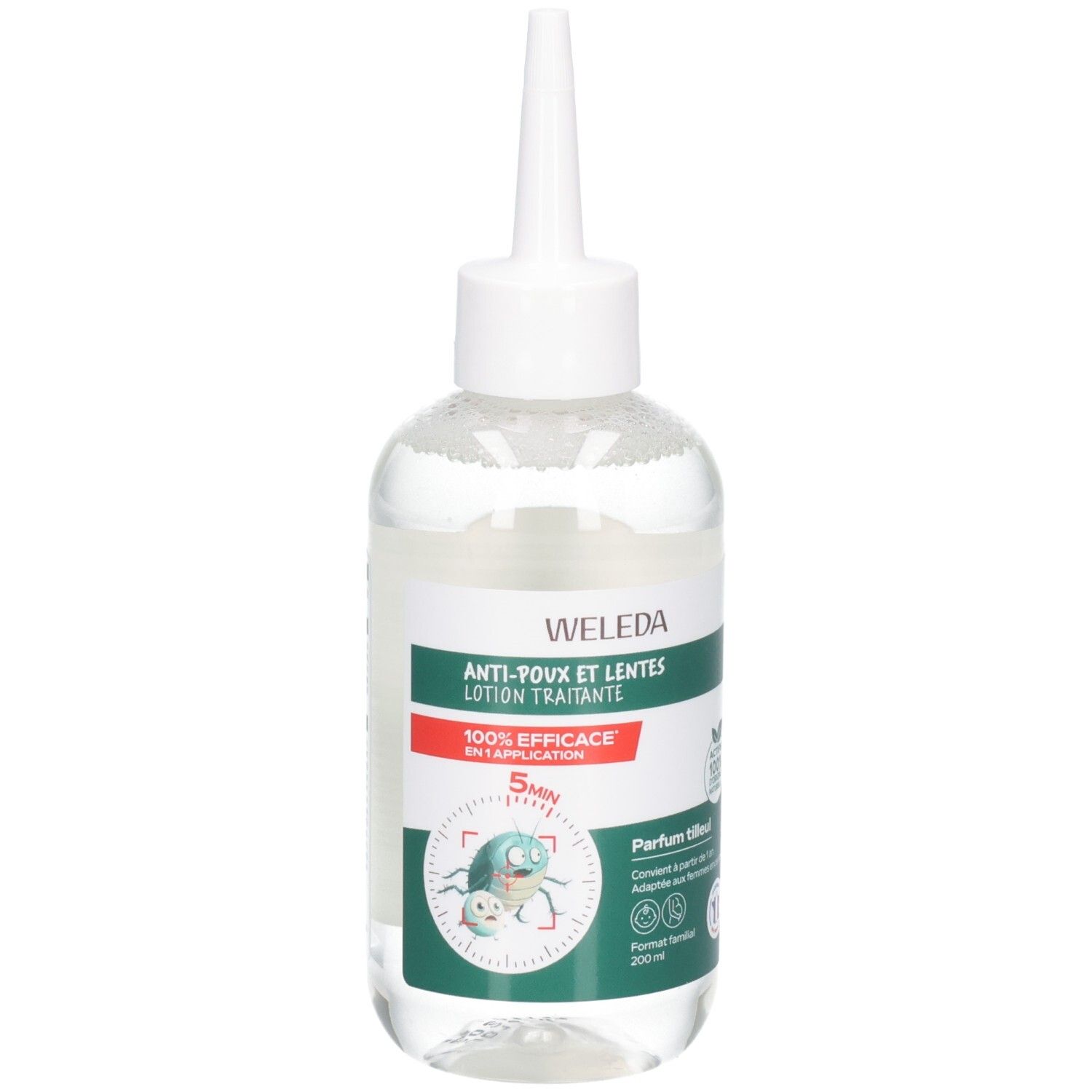 Lotion Weleda anti-poux et lentes en flacon transparent avec applicateur. Vue de face avec étiquette.