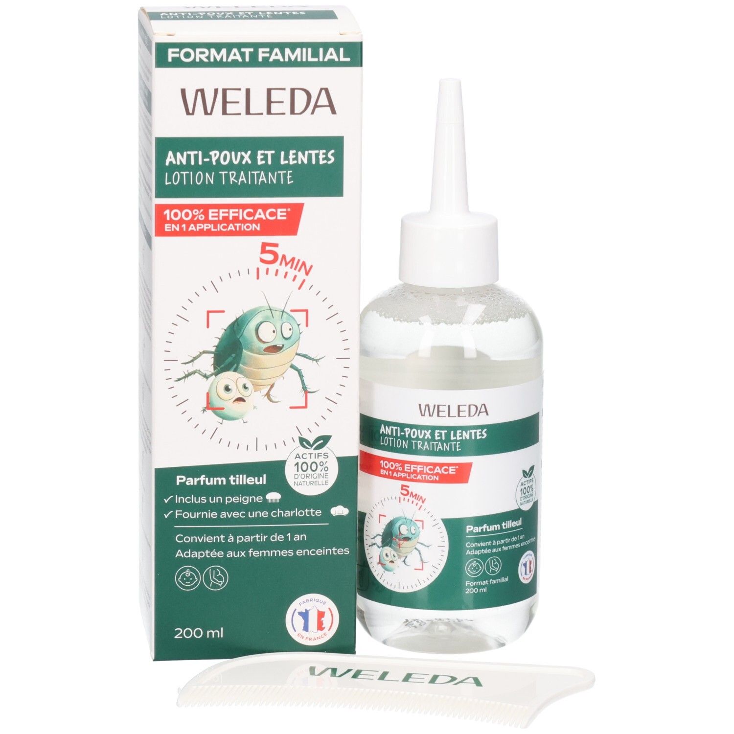 Lotion Weleda anti-poux et lentes avec emballage et accessoires. Flacon, boîte et peigne.