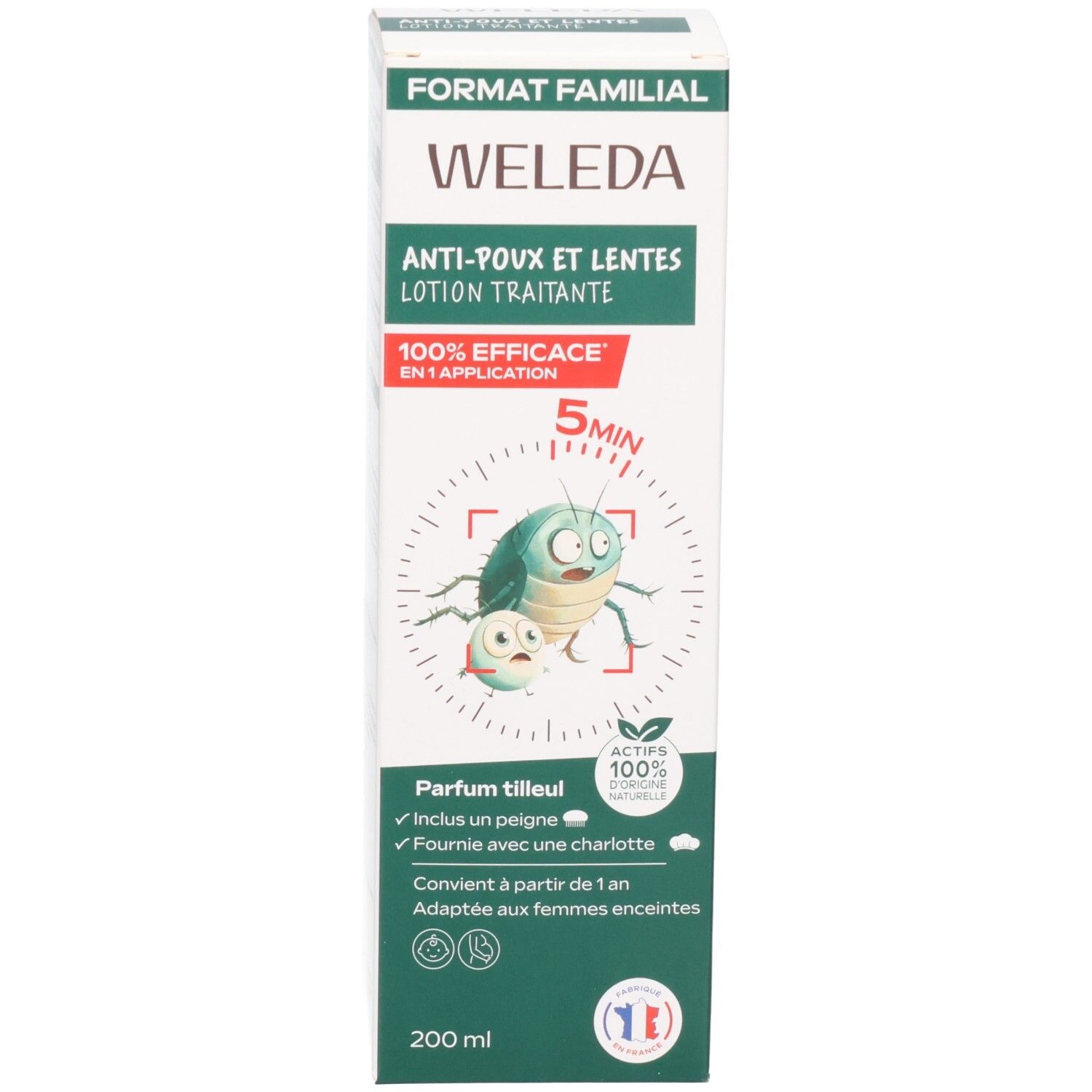 Emballage de la lotion Weleda anti-poux et lentes avec informations détaillées et illustrations.