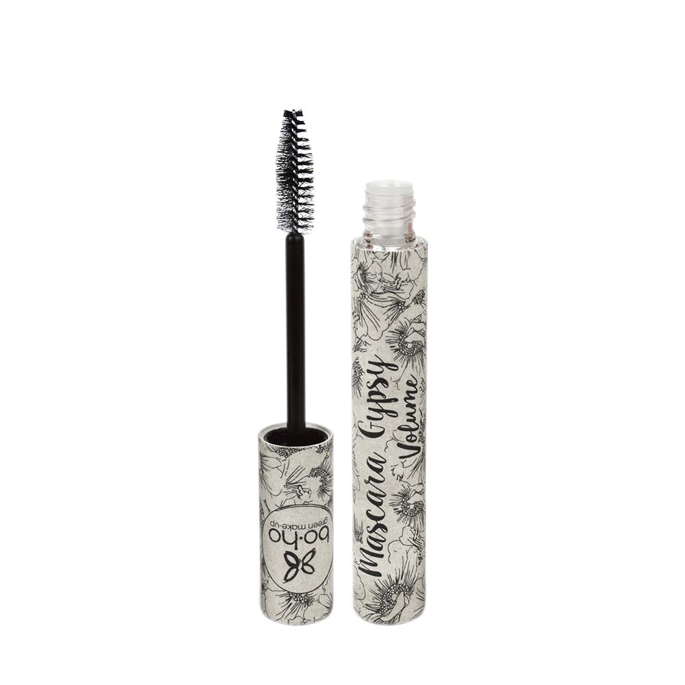 Mascara BOHO Green Make-Up Gypsy Volume 01 Noir ouvert, avec sa brosse.