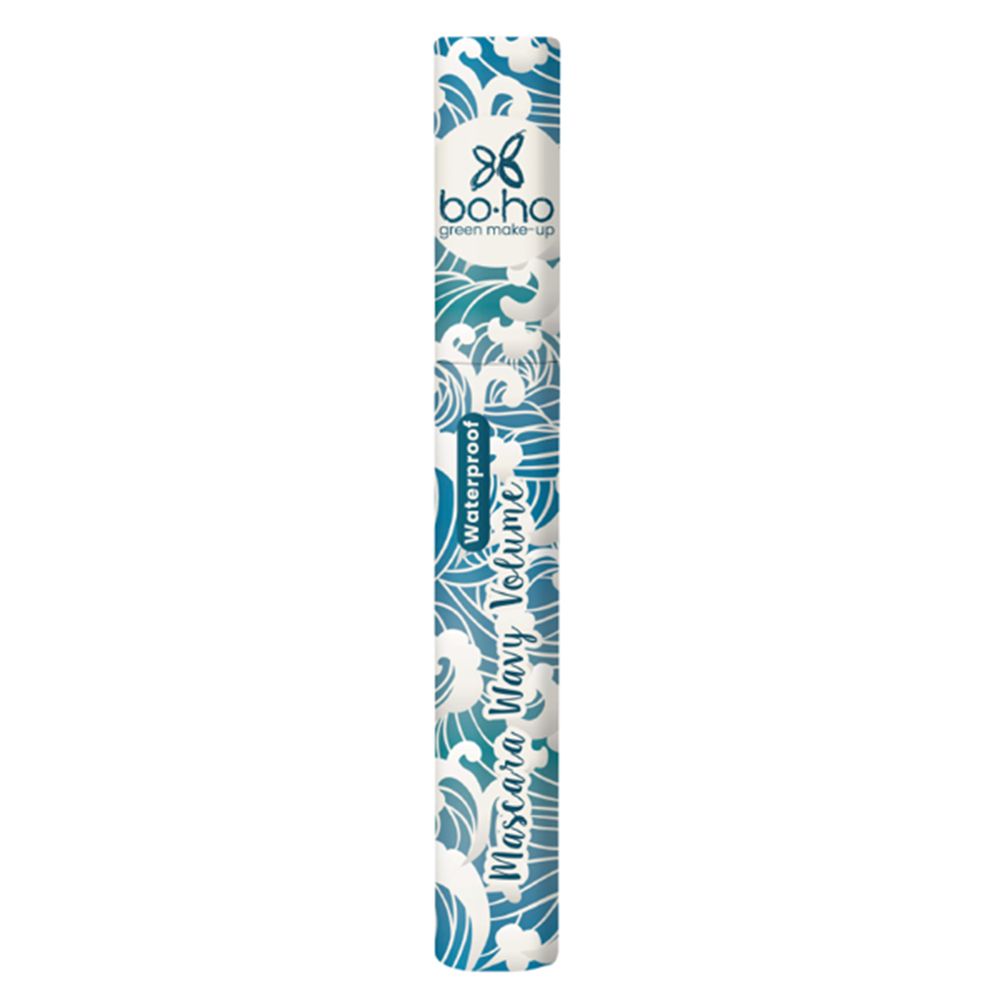 Packaging mascara Boho avec motif de vagues et inscription "Waterproof Mascara Wavy Volume 01 Noir".