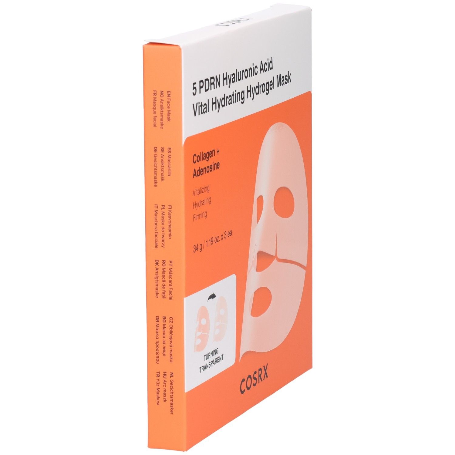 Vue latérale de l'emballage du masque hydrogel vital hydratant à l'acide hyaluronique COSRX 5 PDRN.