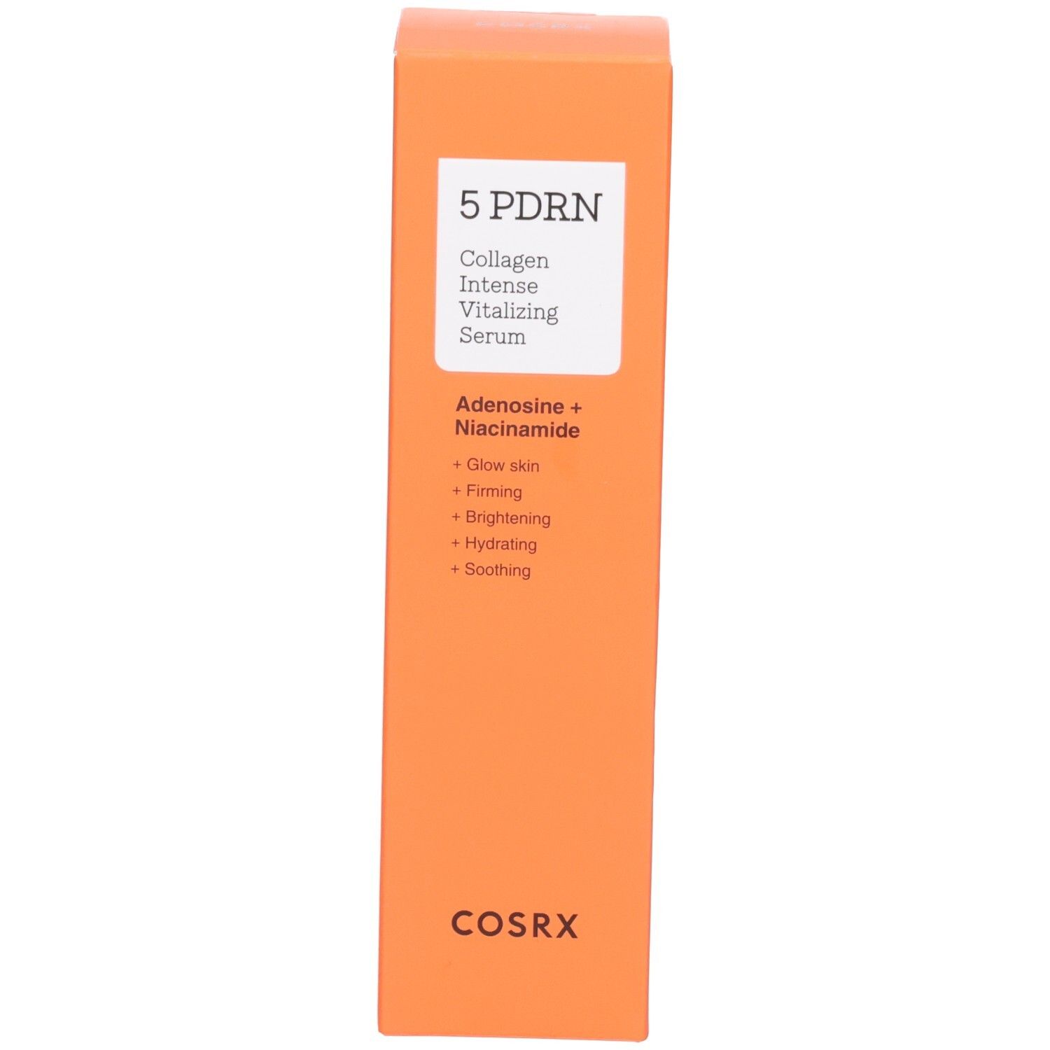 Emballage orange pour le sérum COSRX 5 PDRN. Avec nom du produit et nom de marque.