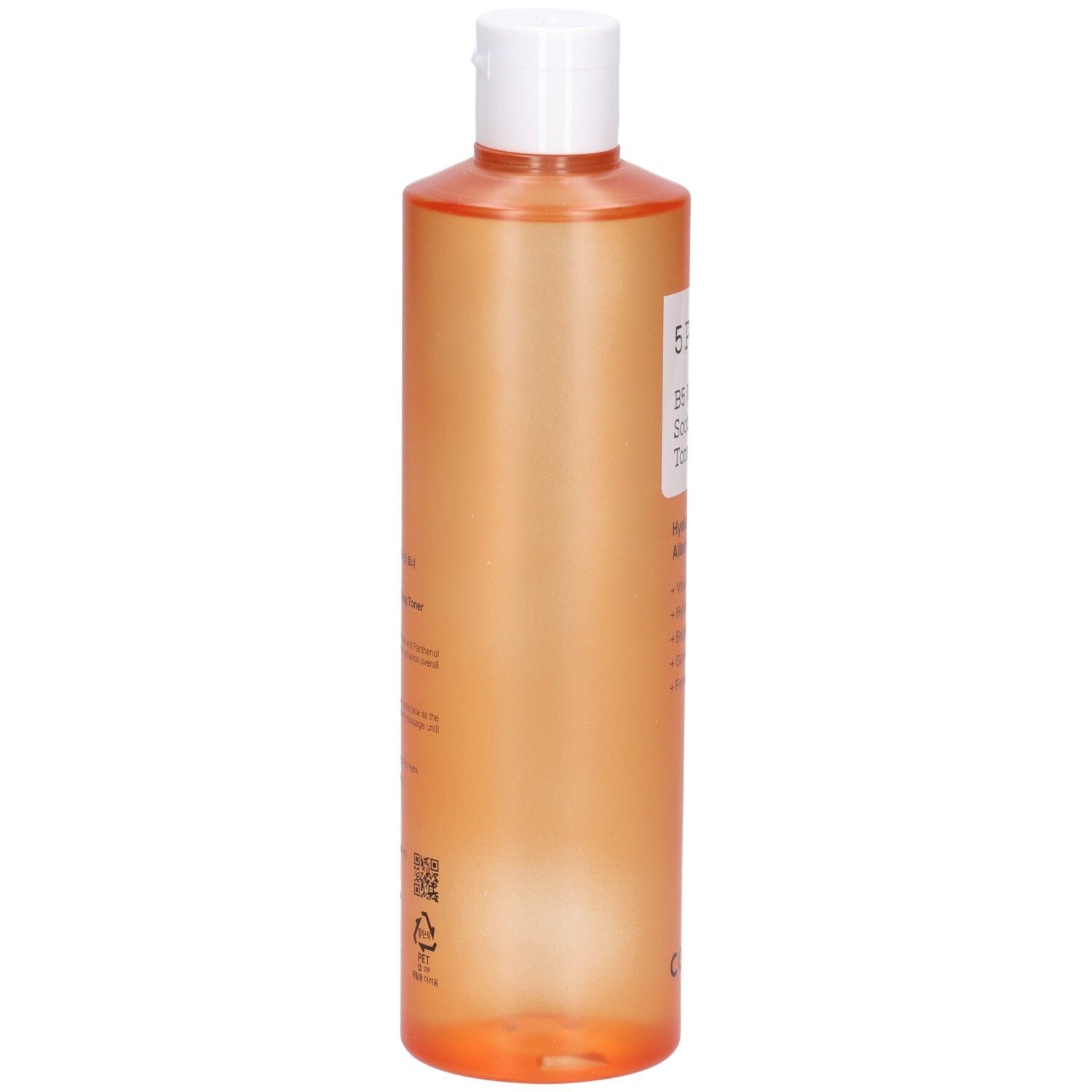 Côté d'une bouteille orange de COSRX 5 PDRN B5 Vital Soothing Toner avec symboles de recyclage.