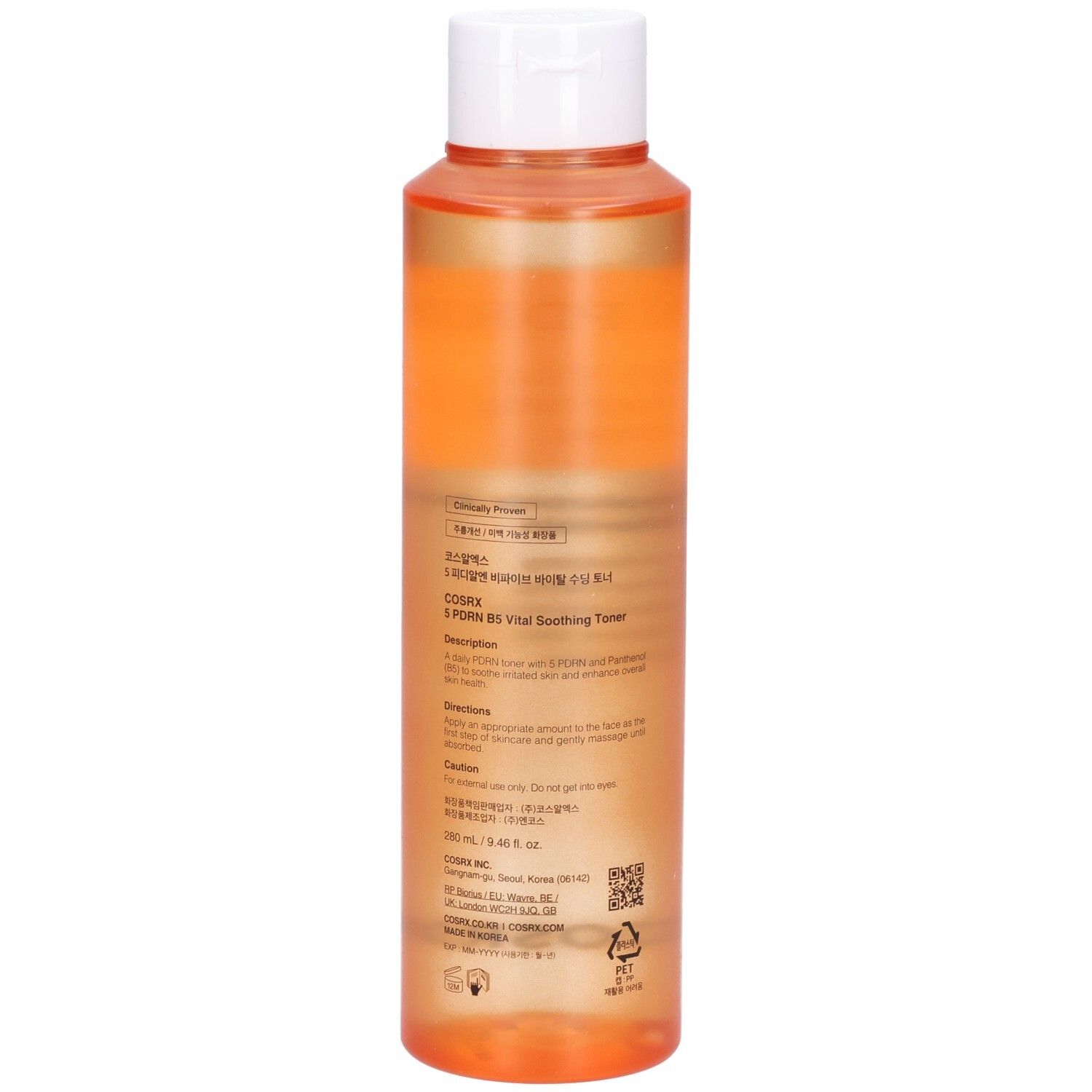 Dos de la bouteille orange COSRX 5 PDRN B5 Vital Soothing Toner avec informations sur le produit.