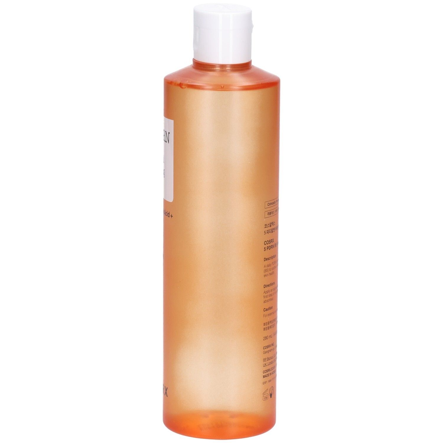 Côté d'une bouteille orange de COSRX 5 PDRN B5 Vital Soothing Toner avec du texte en coréen.