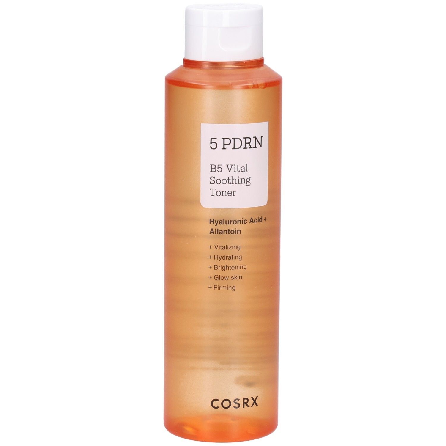 COSRX 5 PDRN B5 Vital Soothing Toner dans une bouteille orange, légèrement en biais par l'avant.