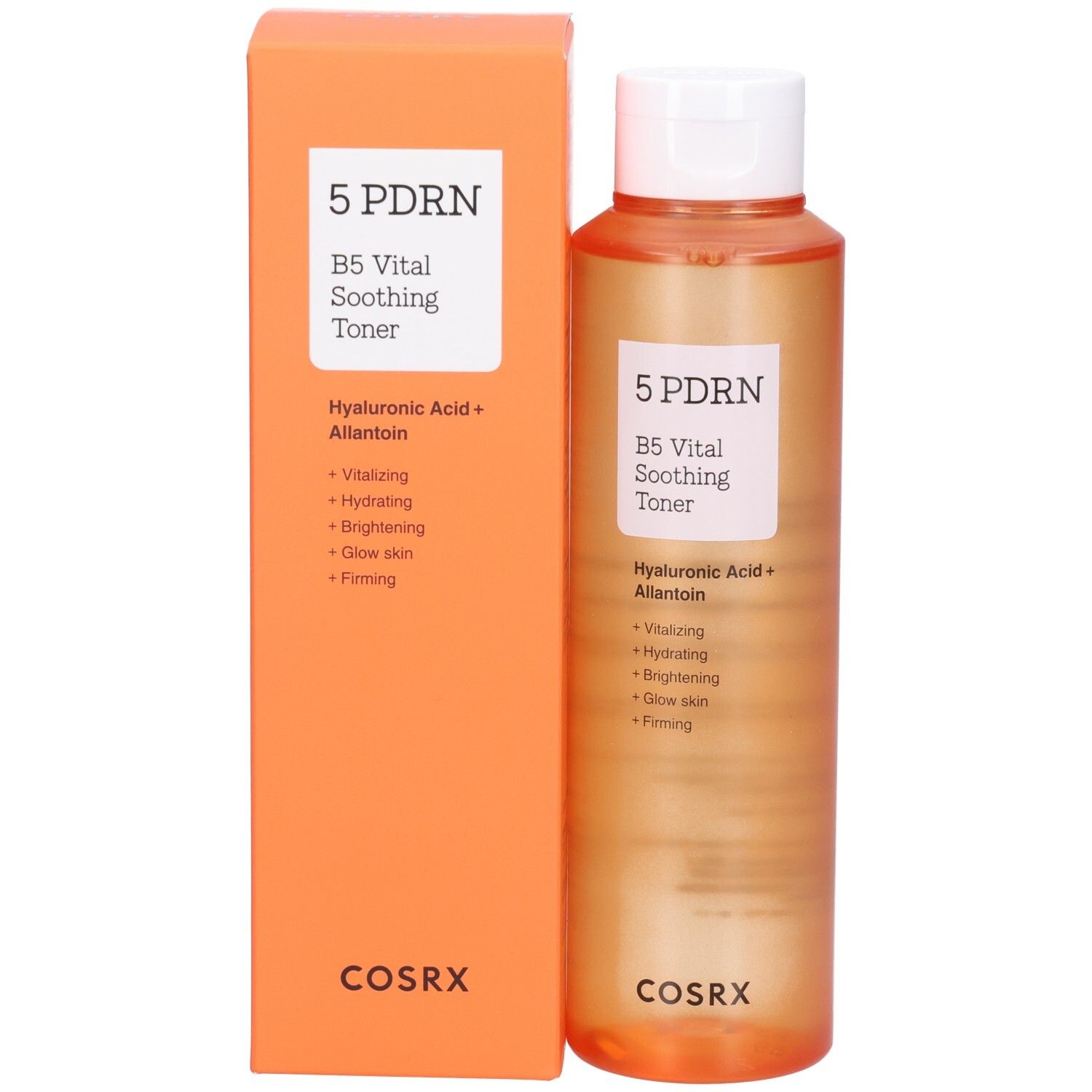 COSRX 5 PDRN B5 Vital Soothing Toner et sa boîte d'emballage orange.