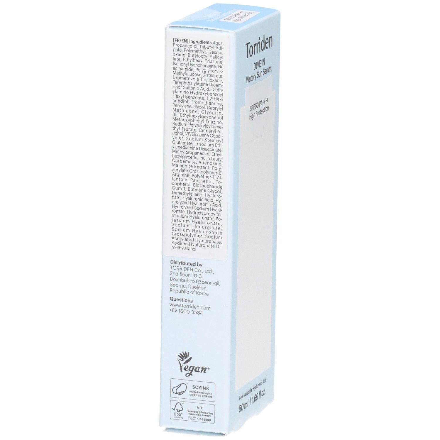 Arrière de l'emballage Torriden DIVE IN Watery Sun Serum avec ingrédients et sceau Vegan.