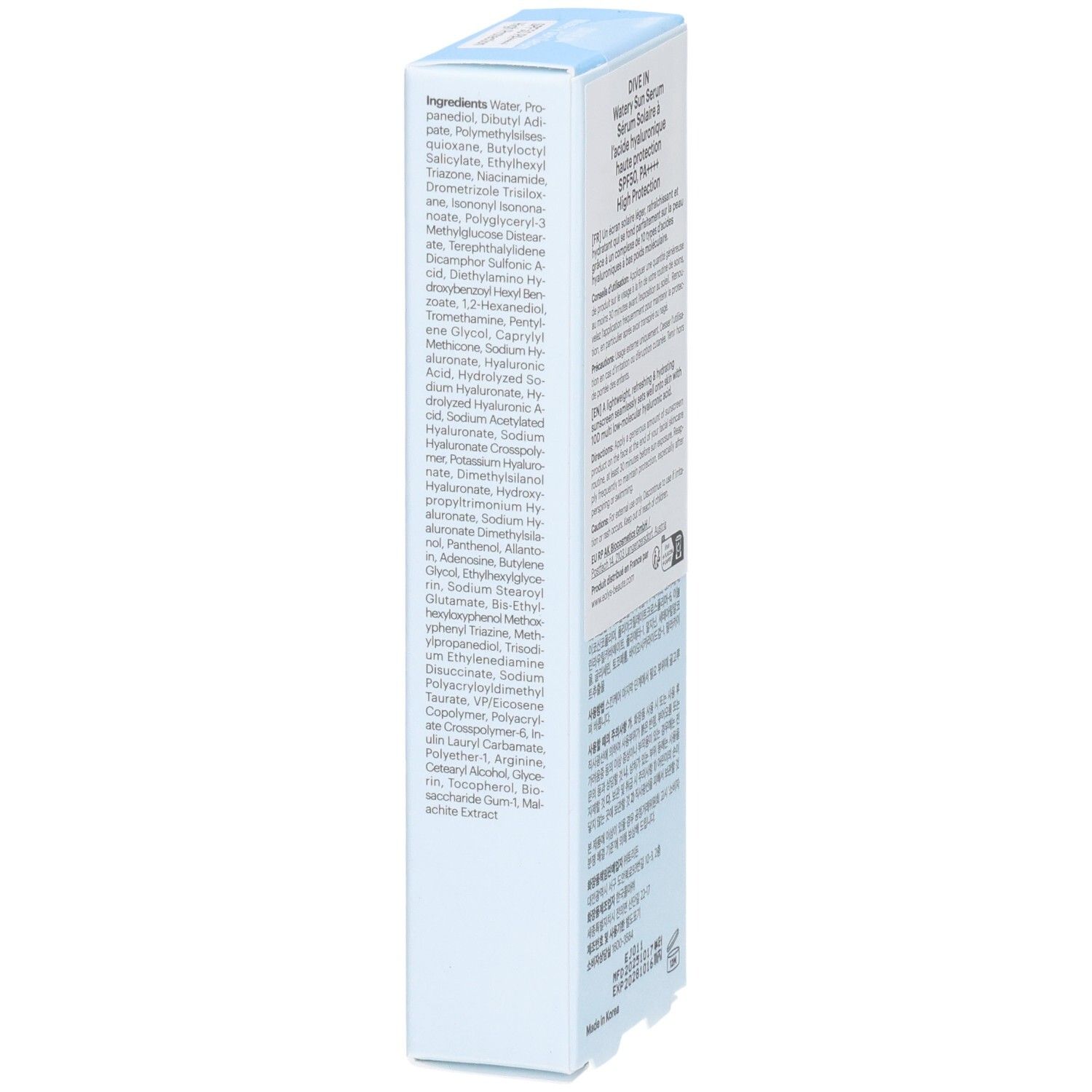 Côté de l'emballage Torriden DIVE IN Watery Sun Serum avec liste détaillée des ingrédients.