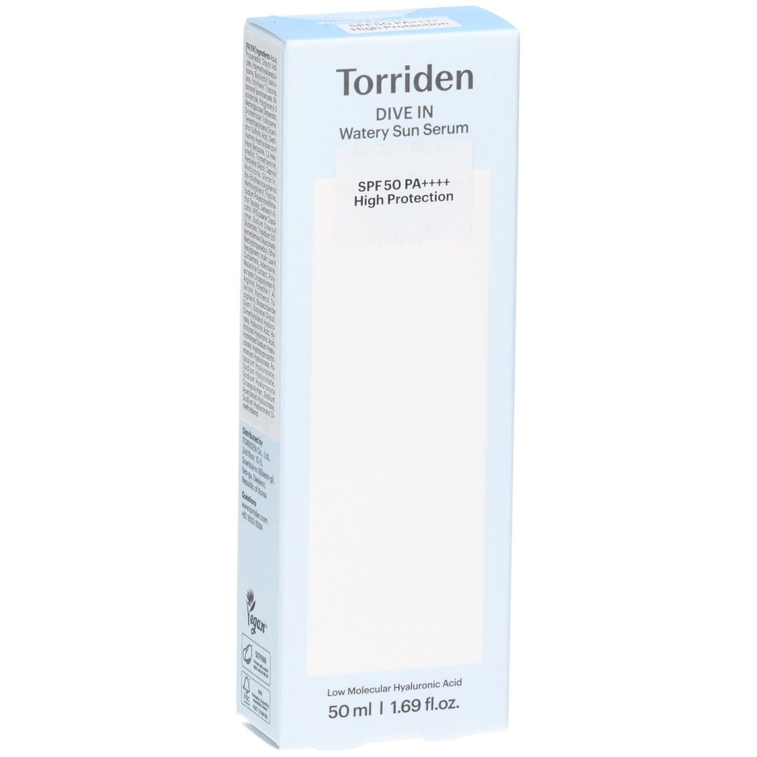 Avant de l'emballage Torriden DIVE IN Watery Sun Serum avec informations sur le produit.