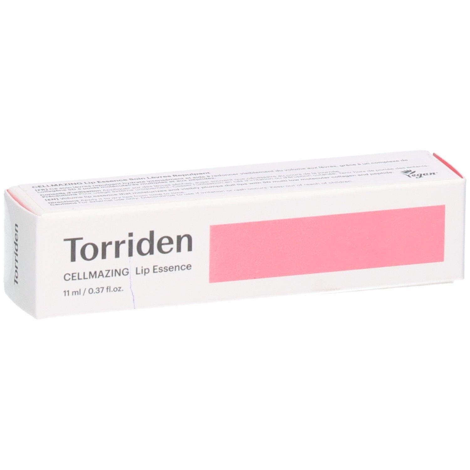 Torriden CELLMAZING Lip Essence, 11 ml. Boîte blanche avec accent rose, de côté.