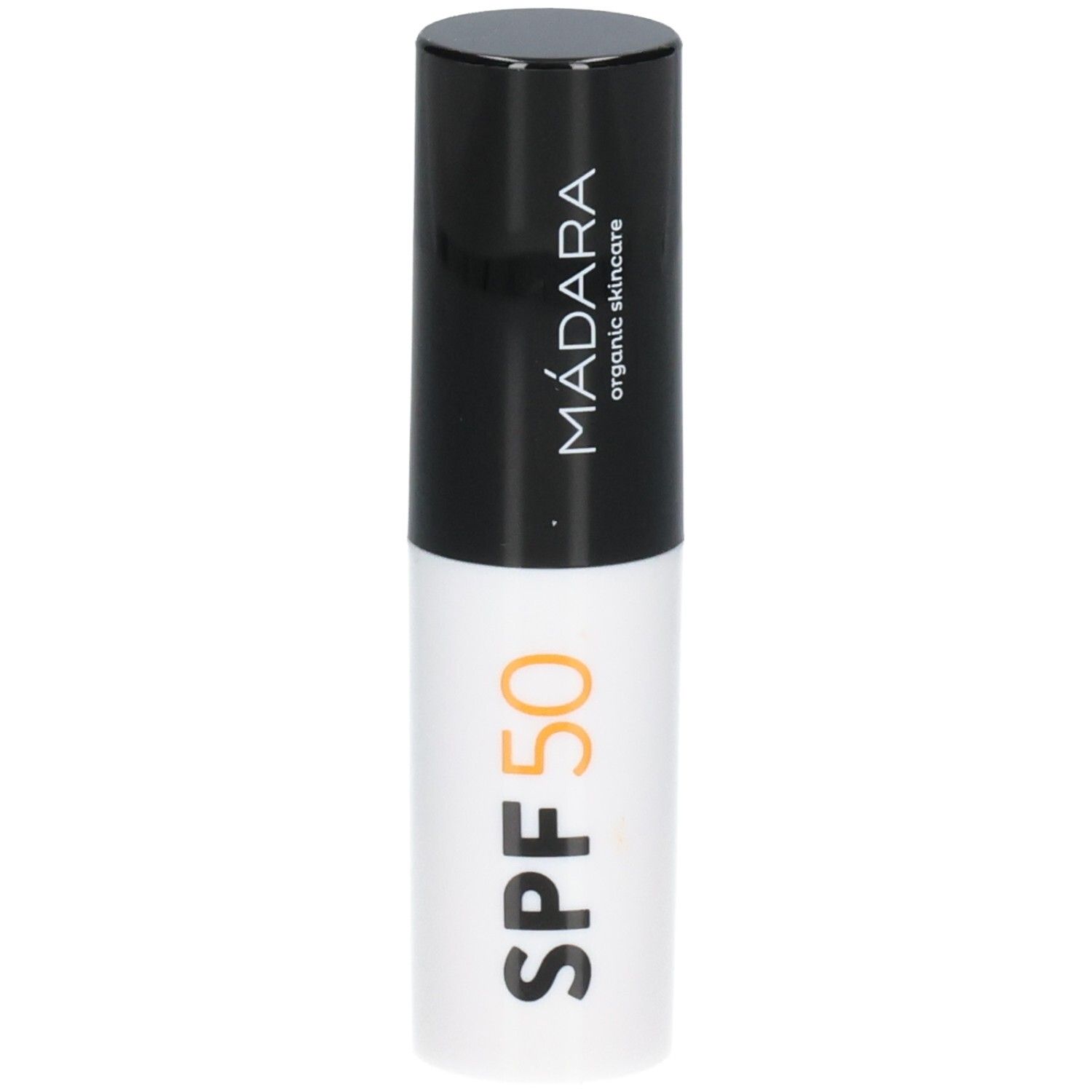 Bâton de protection solaire Madara SPF 50, bâton blanc avec capuchon noir.