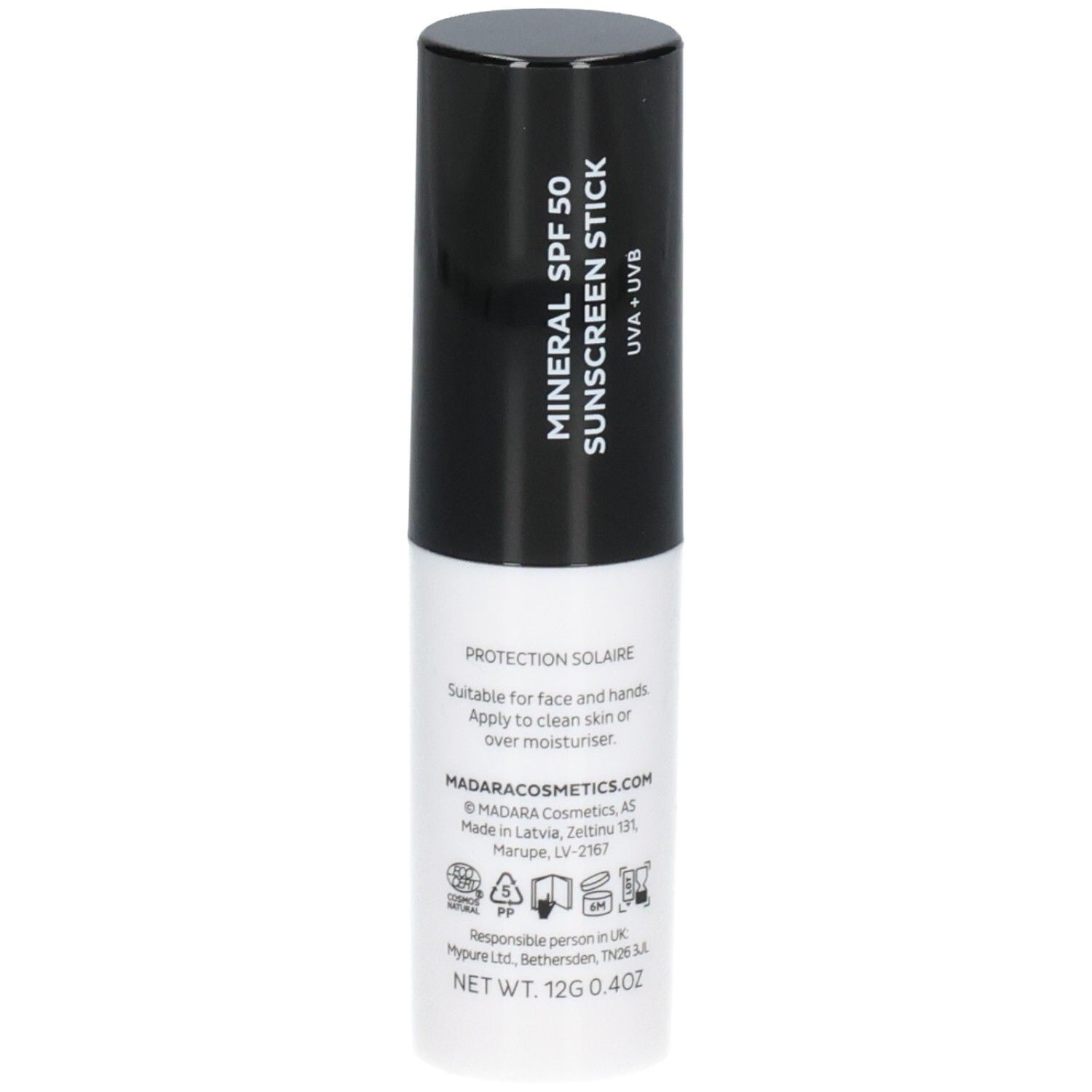 Bâton de protection solaire minéral Madara SPF 50, protection UVA+UVB, 12g.