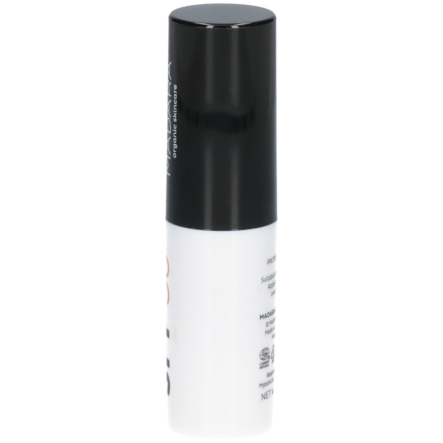 Bâton de protection solaire Madara SPF 50, bâton blanc avec capuchon noir et texte.