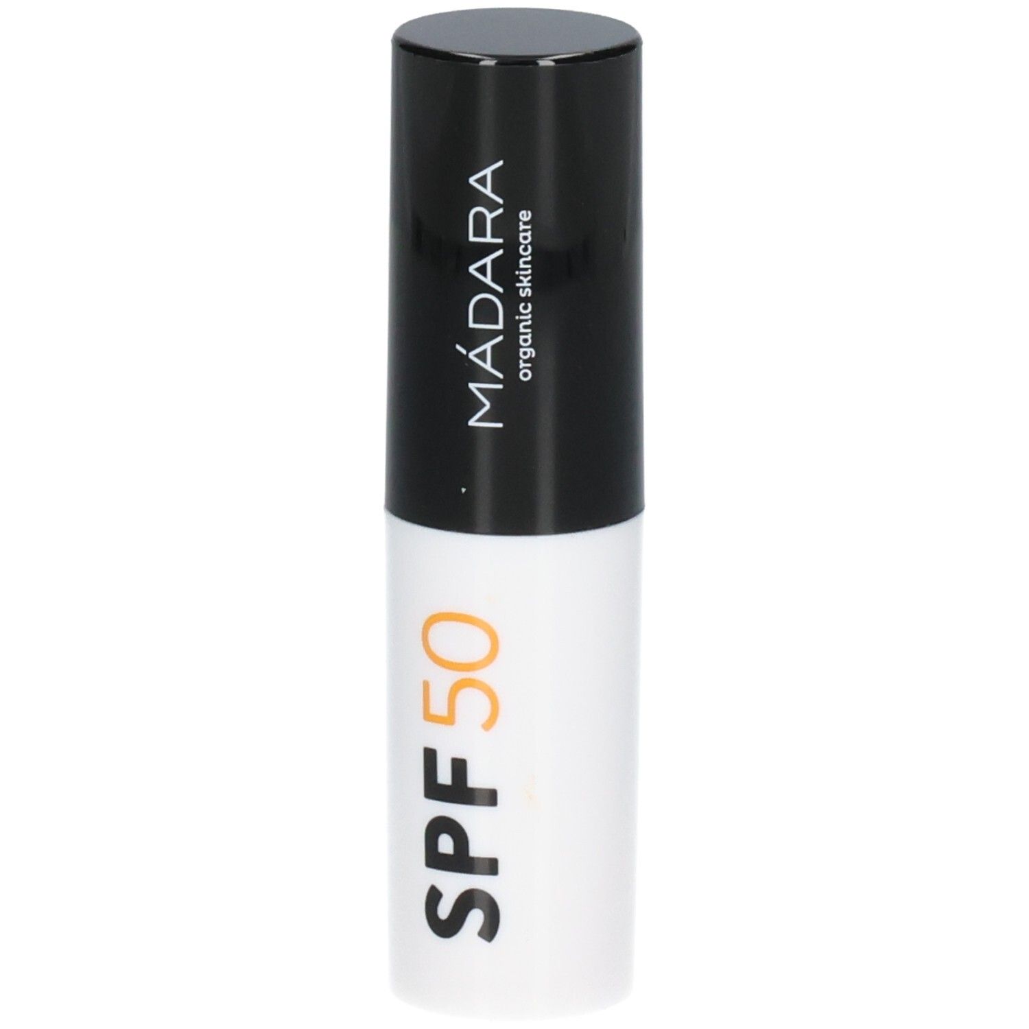 Bâton de protection solaire Madara SPF 50, bâton blanc avec capuchon noir.