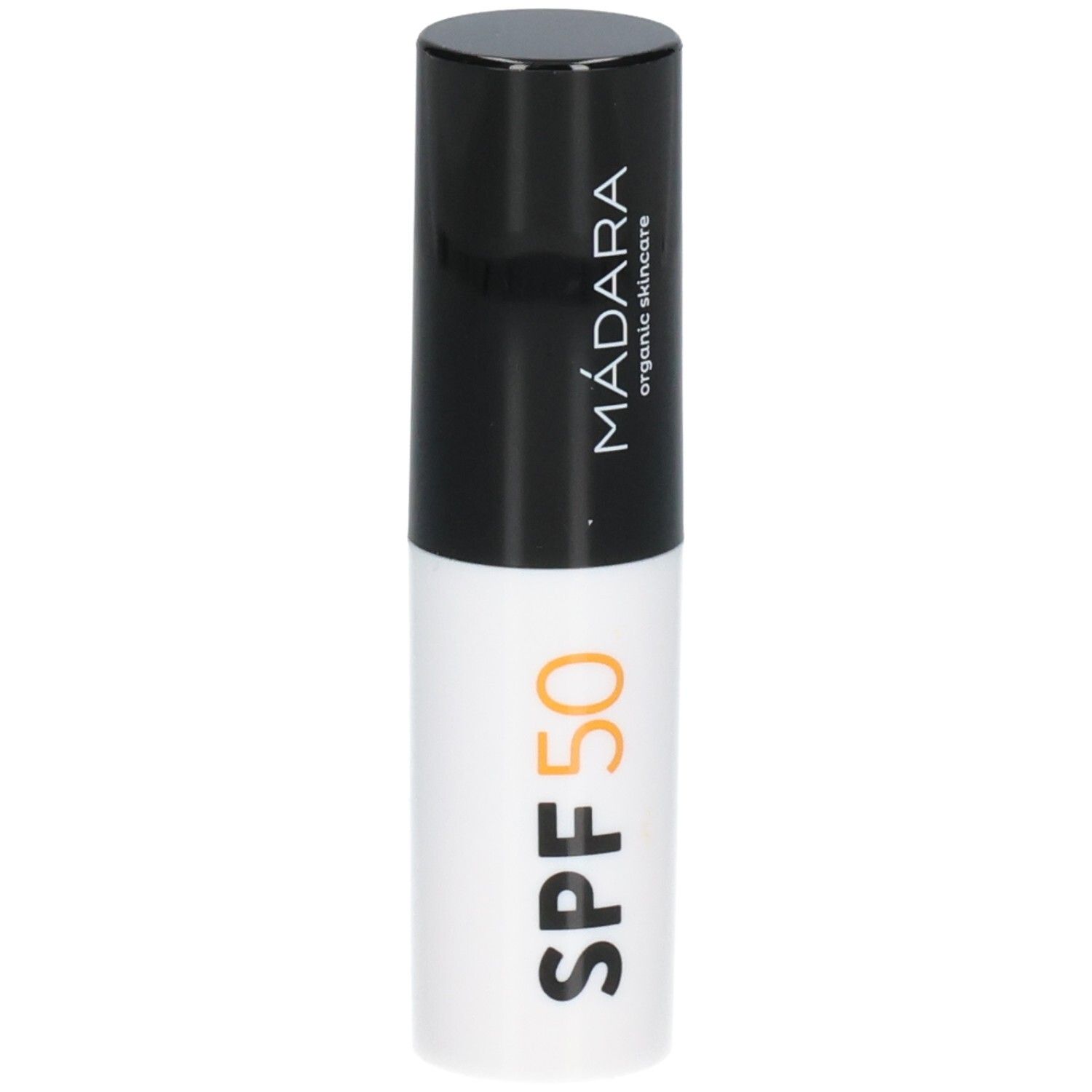 Bâton de protection solaire Madara SPF 50, bâton blanc avec capuchon noir et texte.
