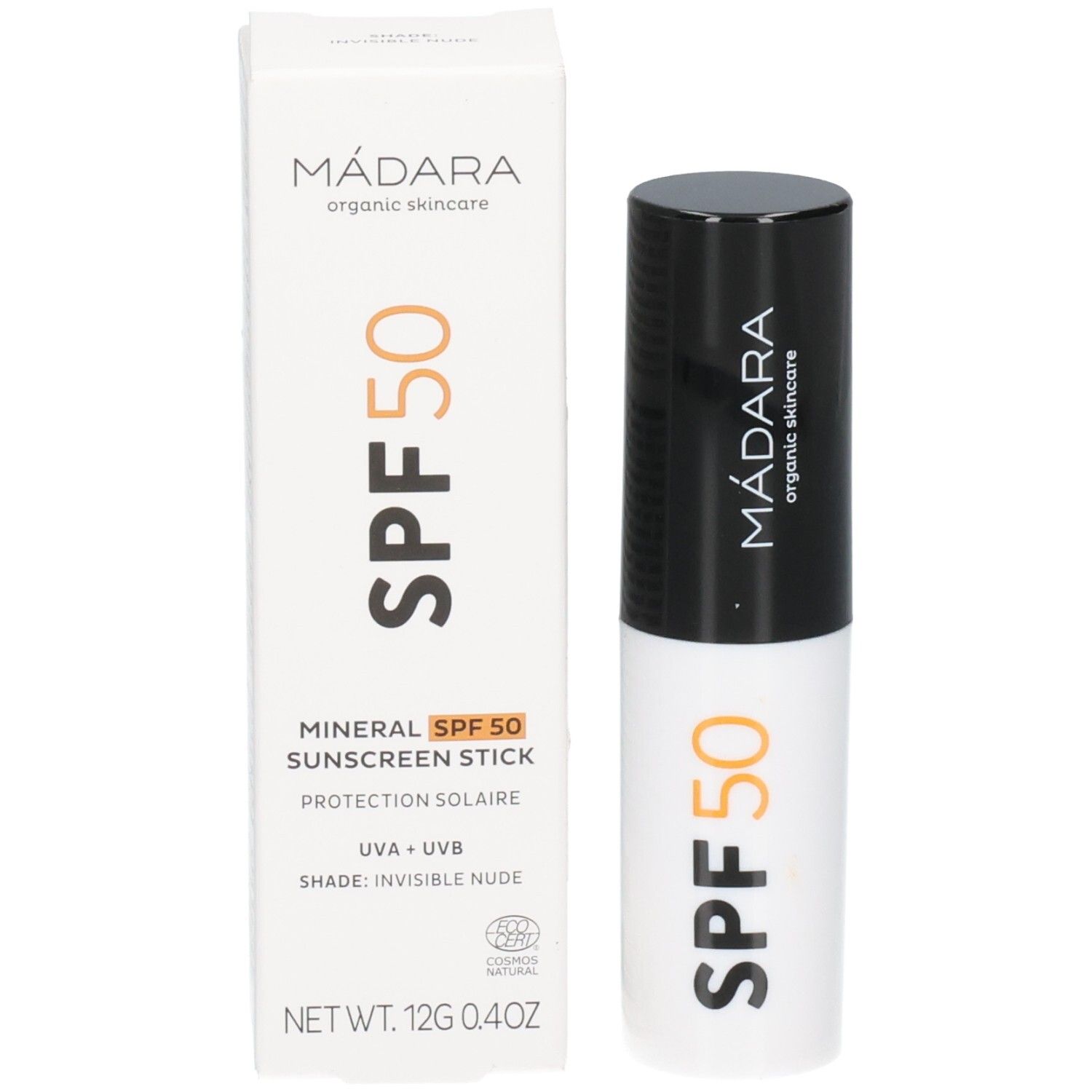 Bâton de protection solaire minéral Madara SPF 50 avec emballage, 12g.