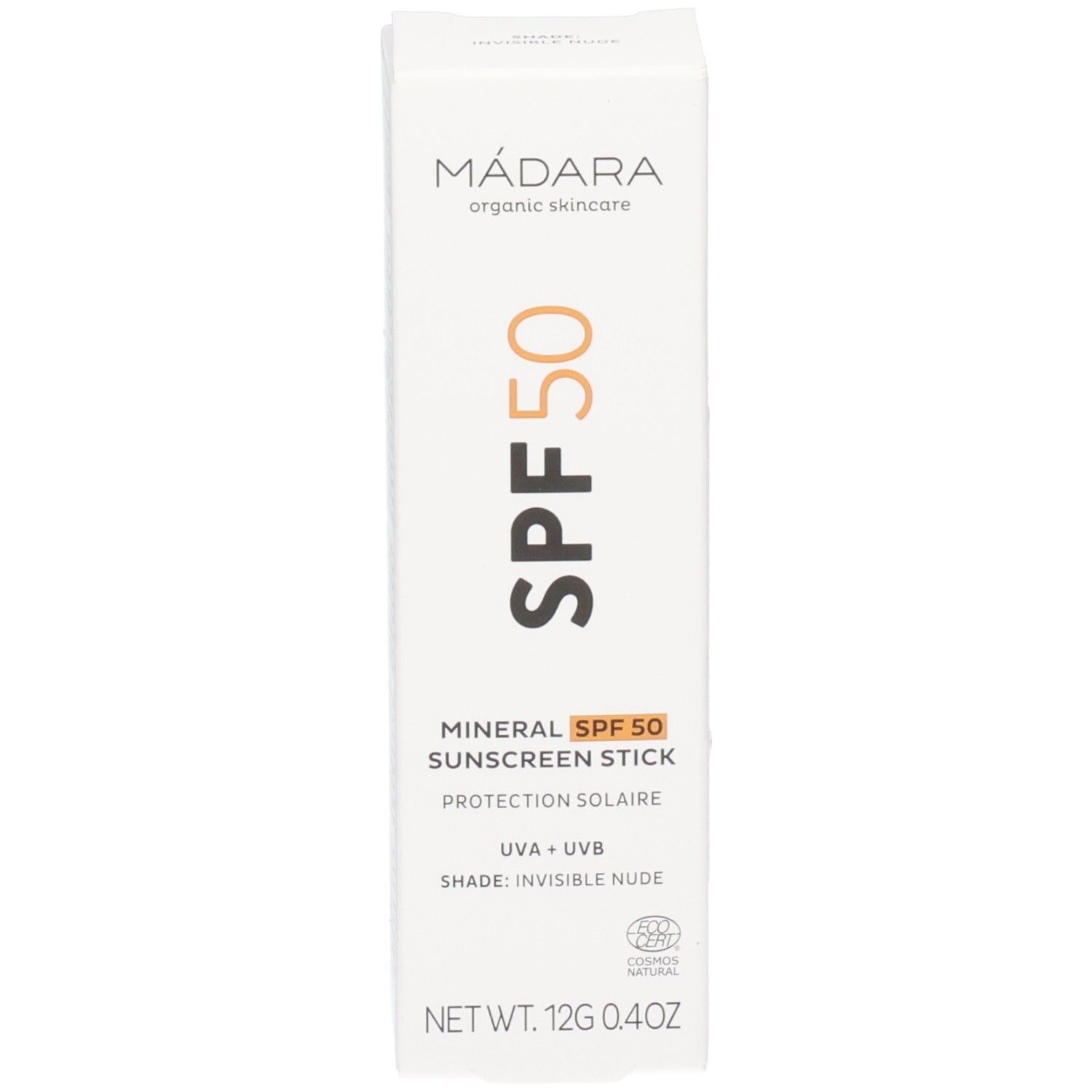 Bâton de protection solaire minéral Madara SPF 50, emballage avec informations produit.