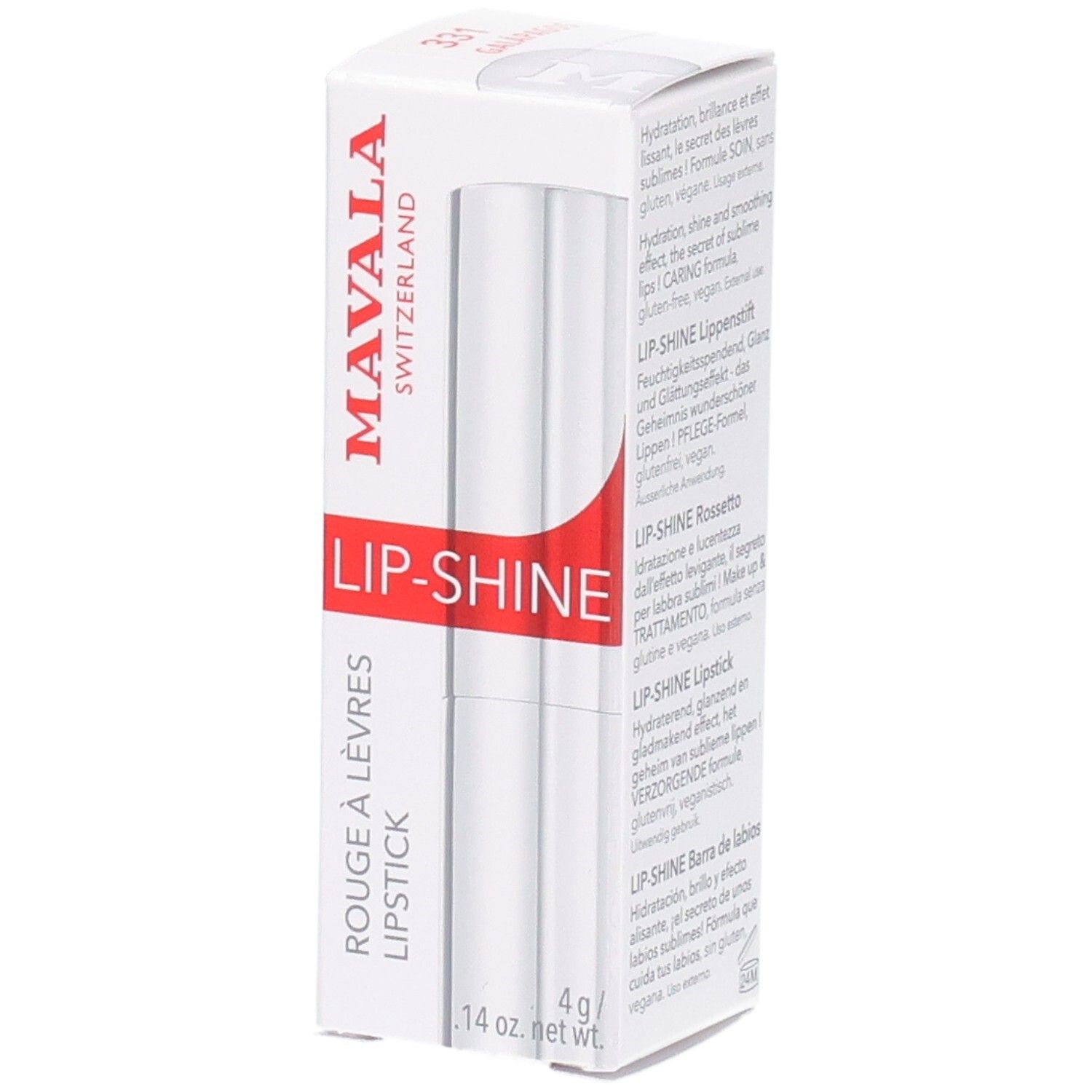 Mavala Lip-Shine Rouge à Lèvres en emballage blanc avec bande rouge. 4g.
