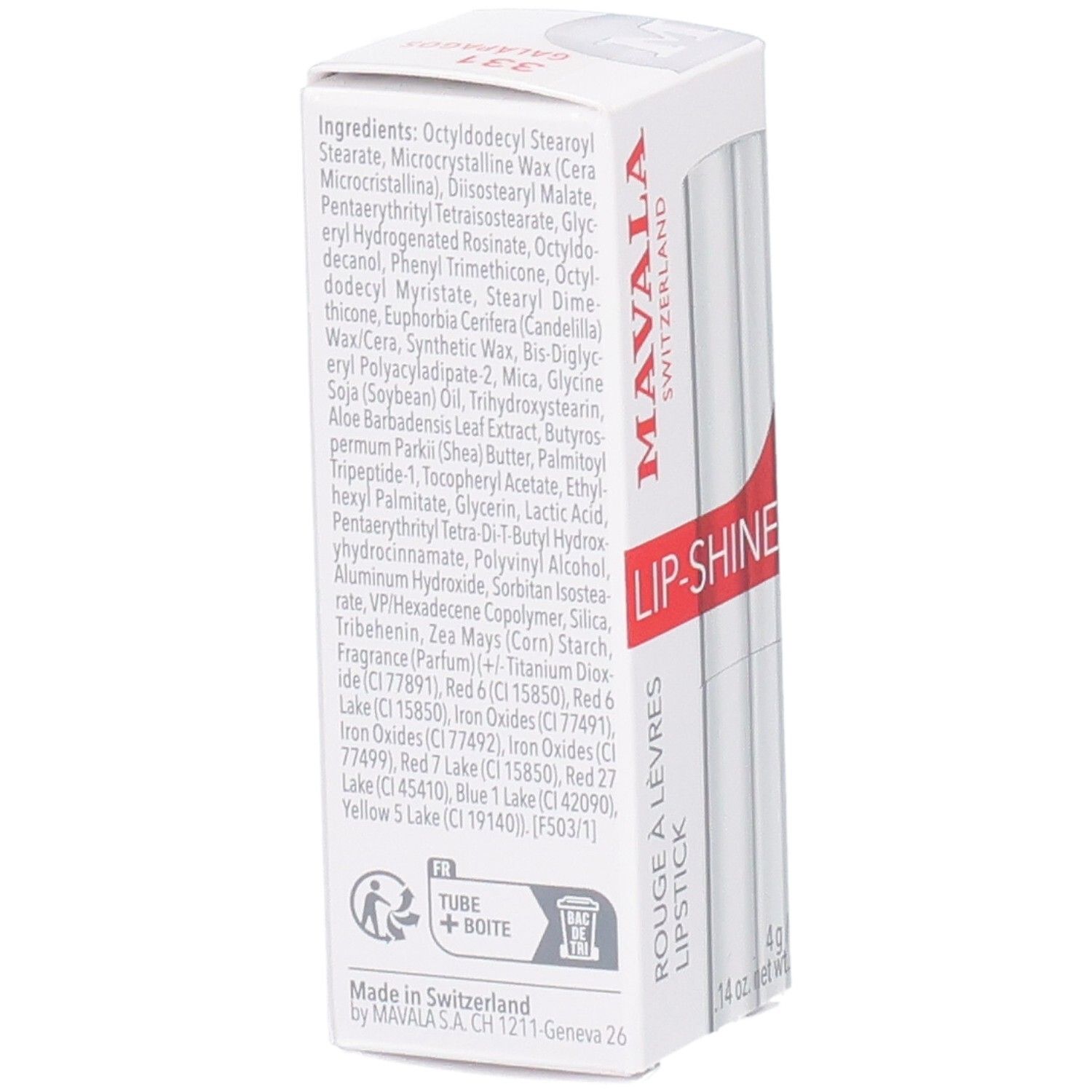 Arrière de l'emballage Mavala Lip-Shine avec ingrédients et informations fabricant. 4g.
