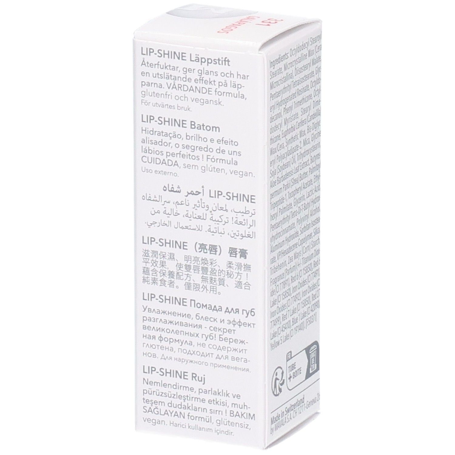 Vue latérale de l'emballage Mavala Lip-Shine avec descriptions produit multilingues. 4g.