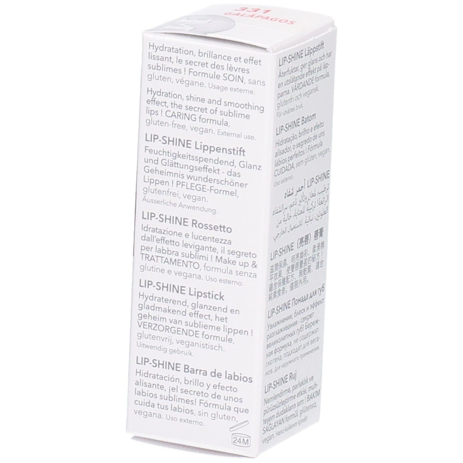 Vue latérale de l'emballage Mavala Lip-Shine avec descriptions produit en plusieurs langues. 4g.