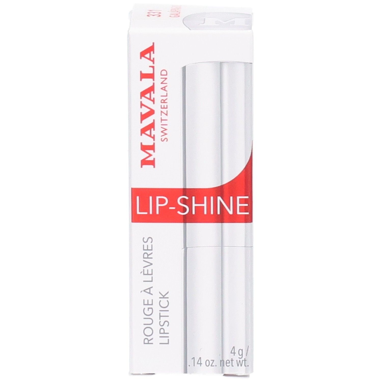 Mavala Lip-Shine Rouge à Lèvres en emballage blanc avec bande rouge. 4g.