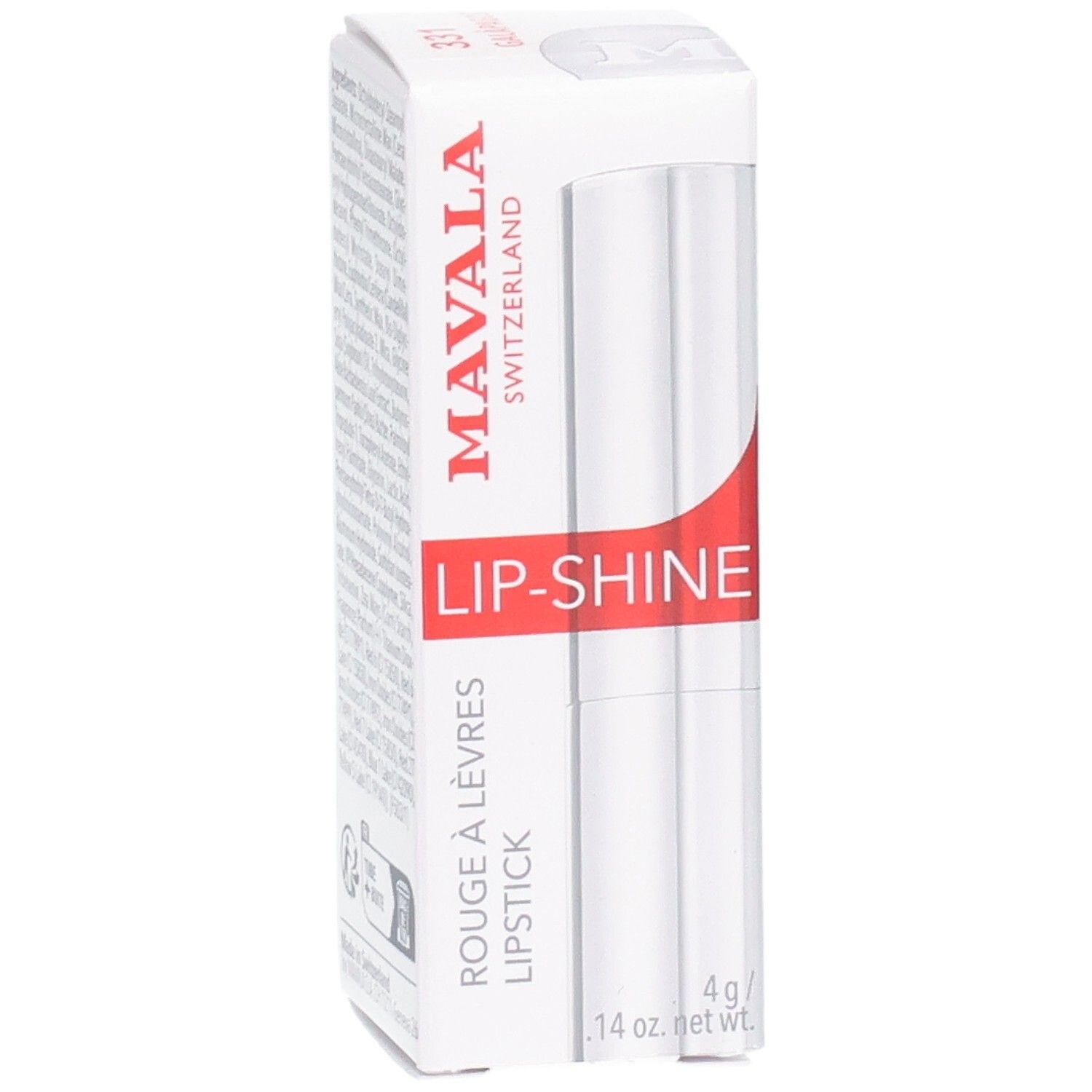 Mavala Lip-Shine Rouge à Lèvres en emballage blanc avec bande rouge. 4g.