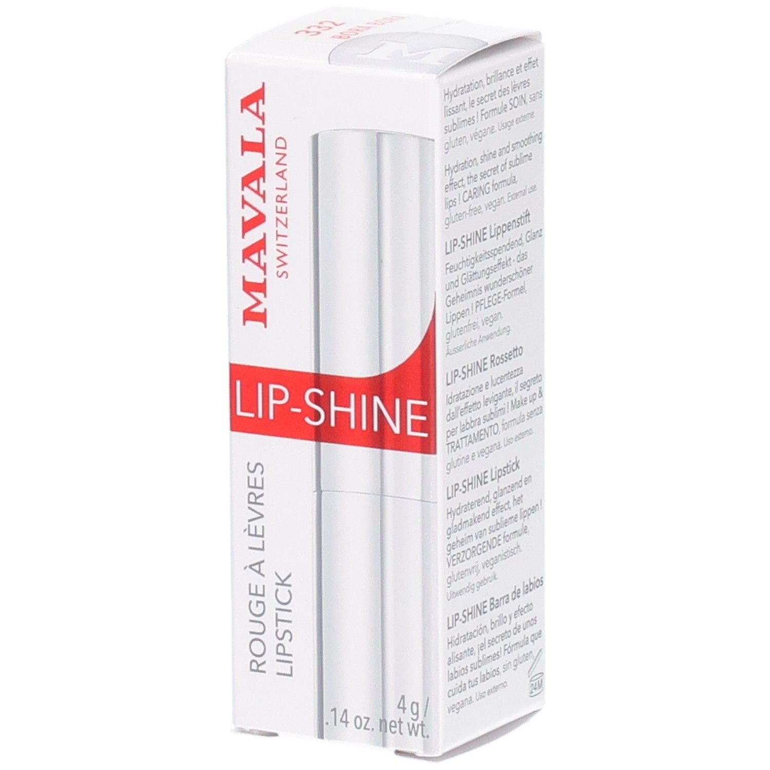 Mavala Lip-Shine Rouge à Lèvres dans son emballage blanc avec accent rouge. Nom du produit et marque visibles.