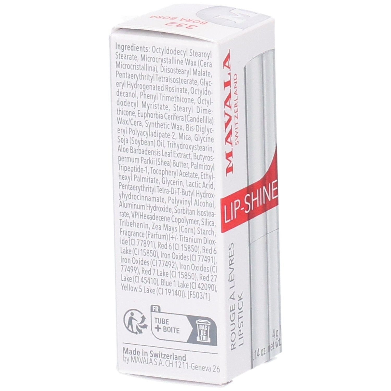 Arrière de l'emballage Mavala Lip-Shine avec liste des ingrédients et pays de fabrication Suisse.