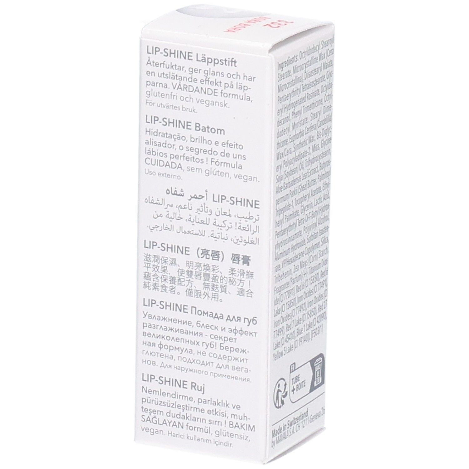Vue latérale de l'emballage Mavala Lip-Shine avec descriptions du produit en plusieurs langues.