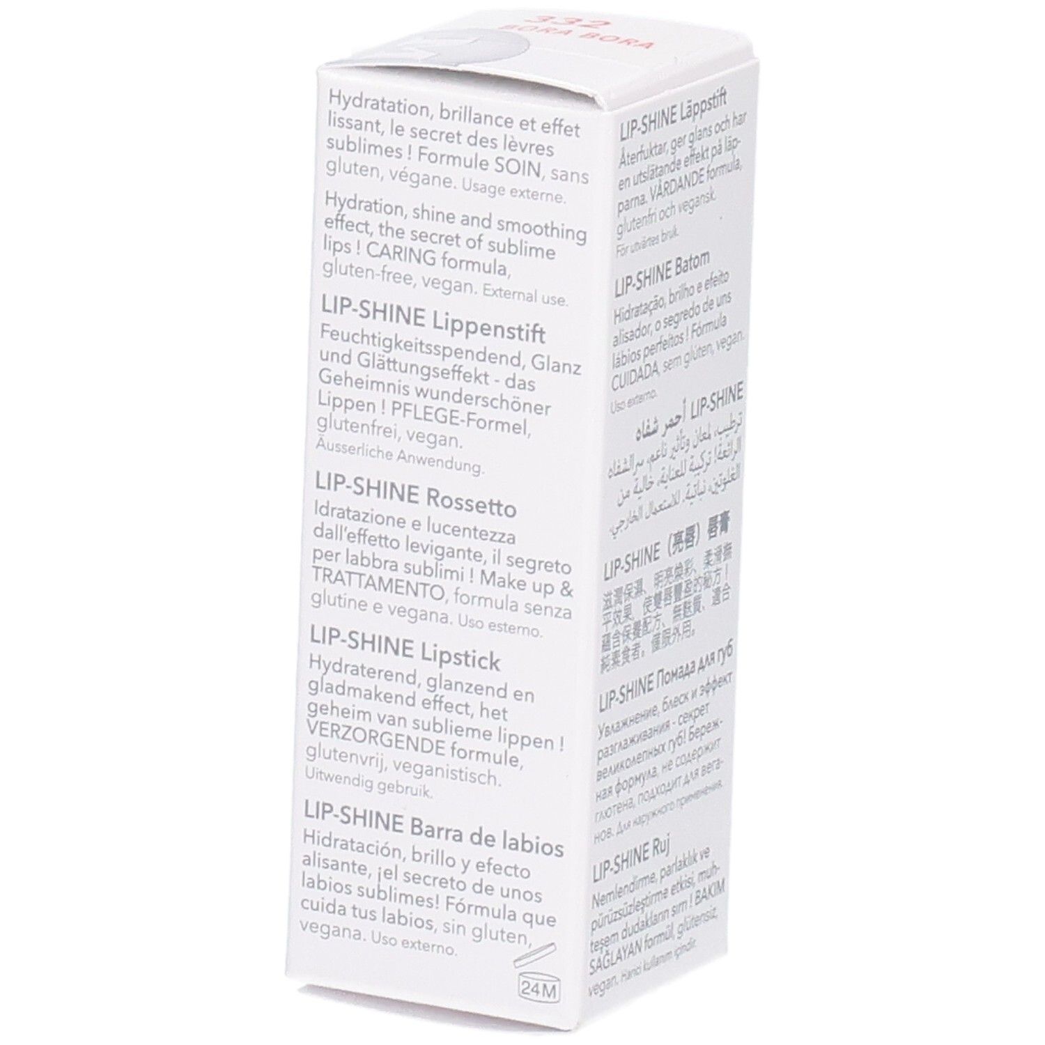 Autre vue latérale de l'emballage Mavala Lip-Shine avec descriptions du produit en plusieurs langues.