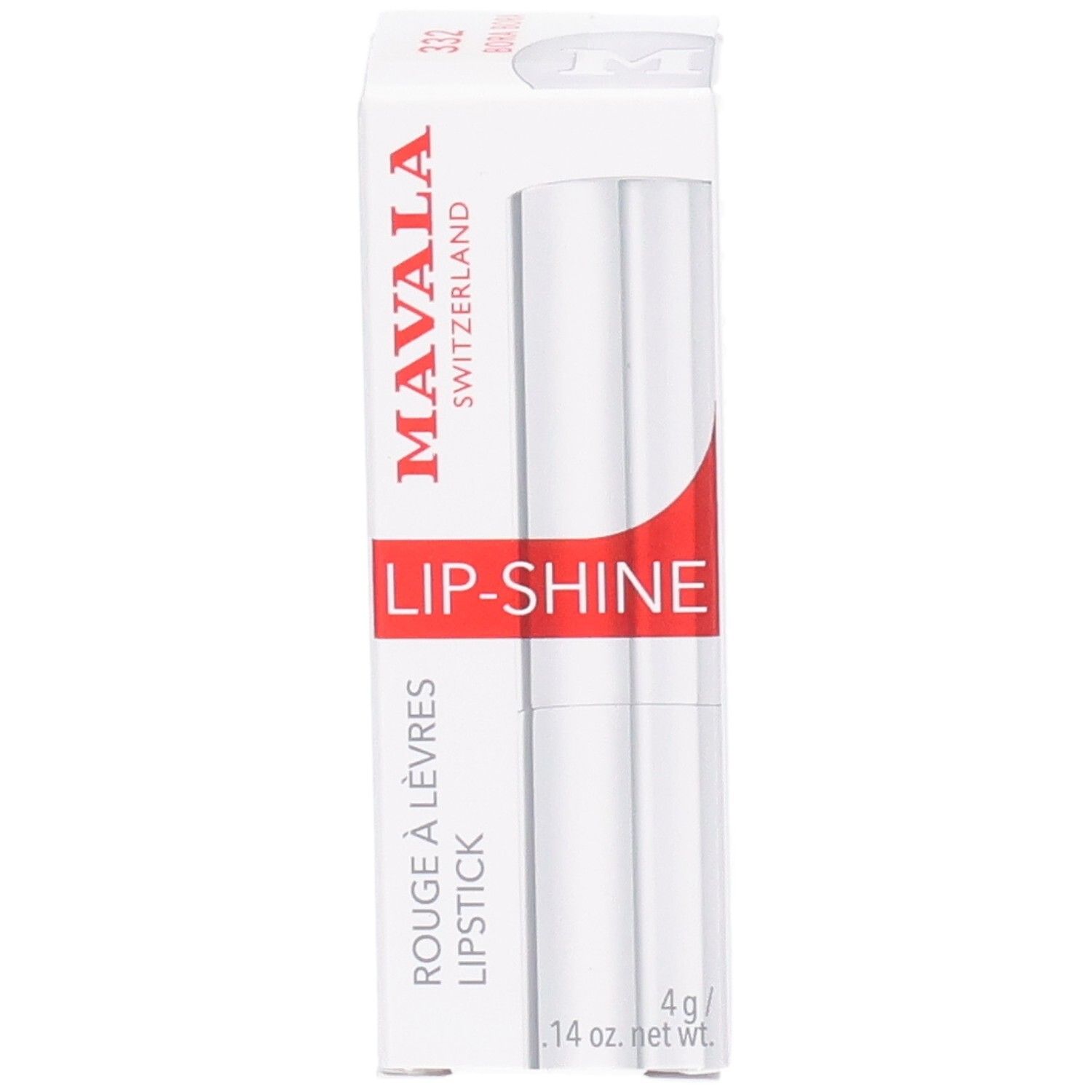 Face avant de l'emballage Mavala Lip-Shine, rouge à lèvres dans son tube argenté visible. Marque et nom du produit.