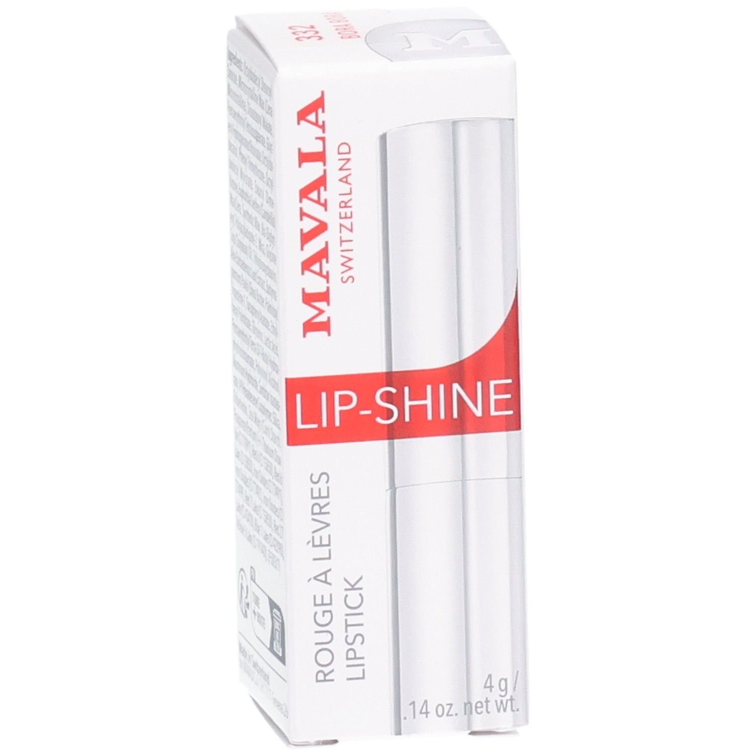 Vue légèrement en biais de l'emballage Mavala Lip-Shine avec le rouge à lèvres argenté. Marque et nom du produit visibles.