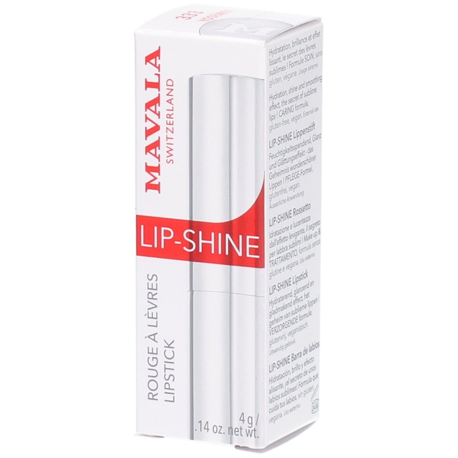 Mavala Lip-Shine Rouge à Lèvres dans un emballage blanc avec des accents rouges.