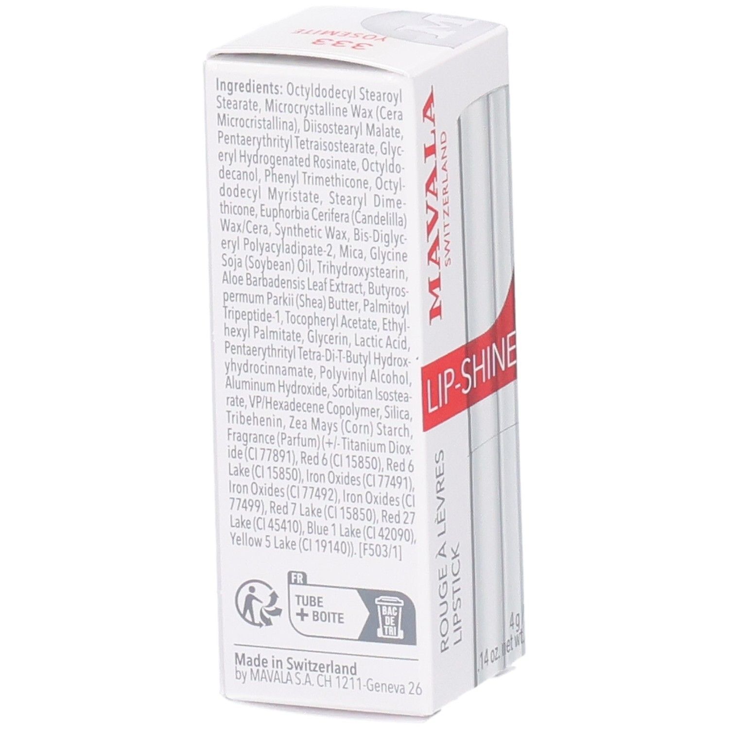 Arrière de l'emballage Mavala Lip-Shine avec liste des ingrédients et pays de fabrication.