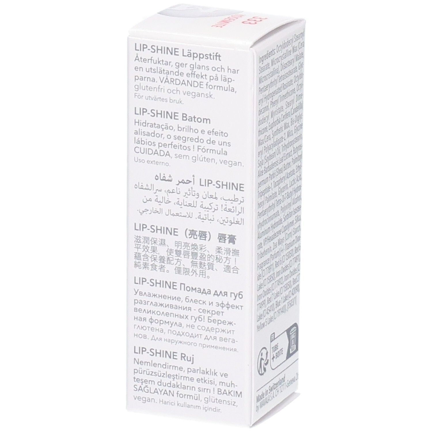 Vue latérale de l'emballage Mavala Lip-Shine avec descriptions multilingues du produit.