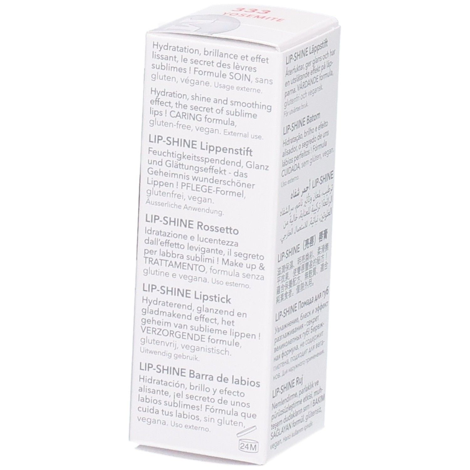 Vue latérale de l'emballage Mavala Lip-Shine avec informations produit supplémentaires et instructions.