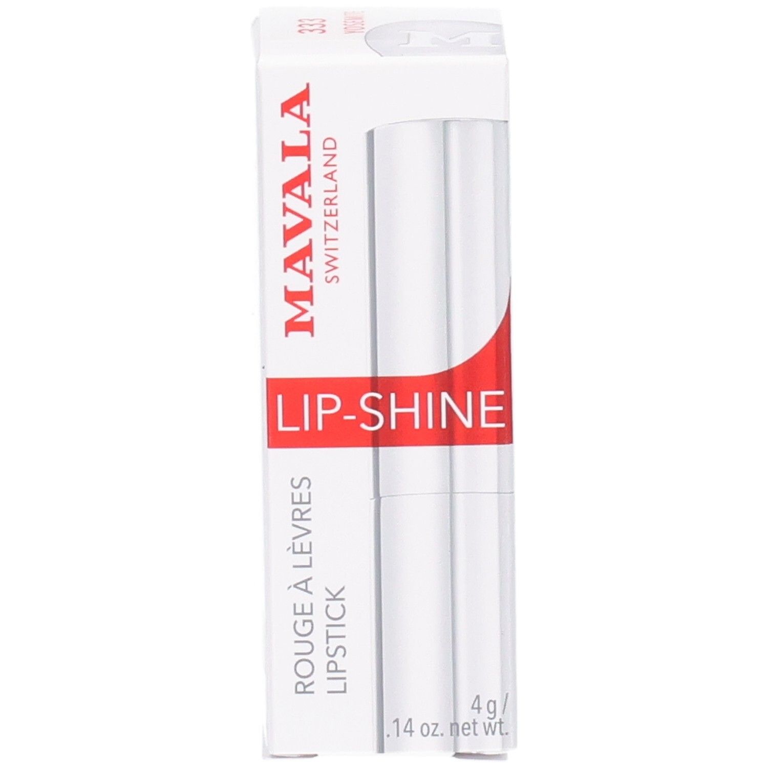 Face avant de l'emballage Mavala Lip-Shine avec le rouge à lèvres à l'intérieur.