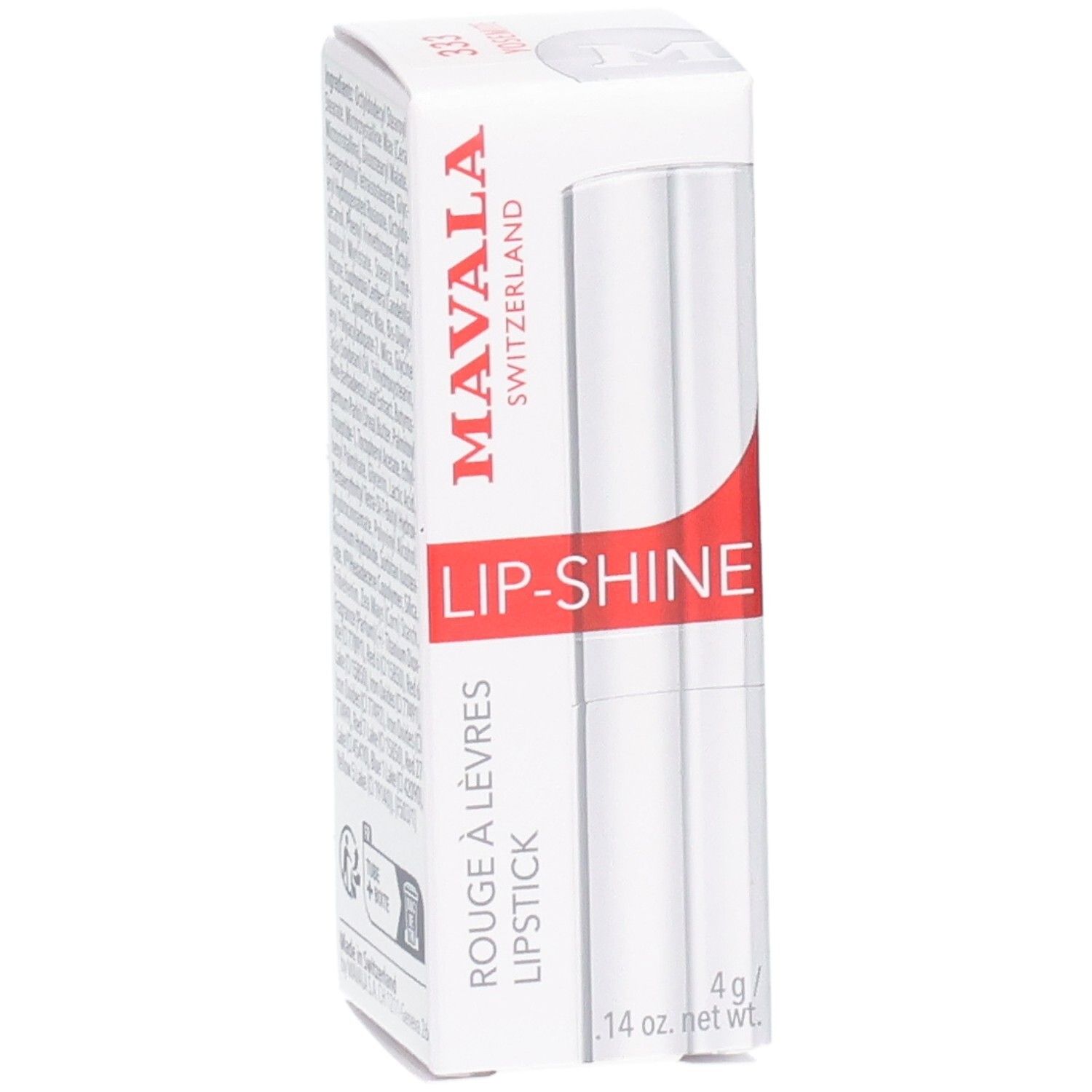 Mavala Lip-Shine Rouge à Lèvres dans un emballage blanc, vue de face.