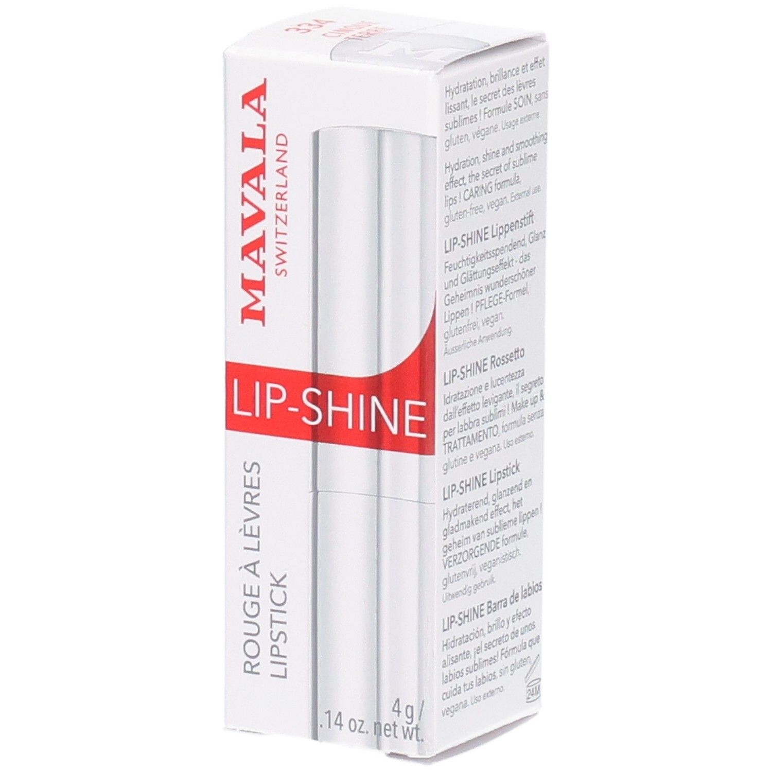 Mavala Lip-Shine Rouge à Lèvres dans son emballage blanc avec accent rouge. 4g.