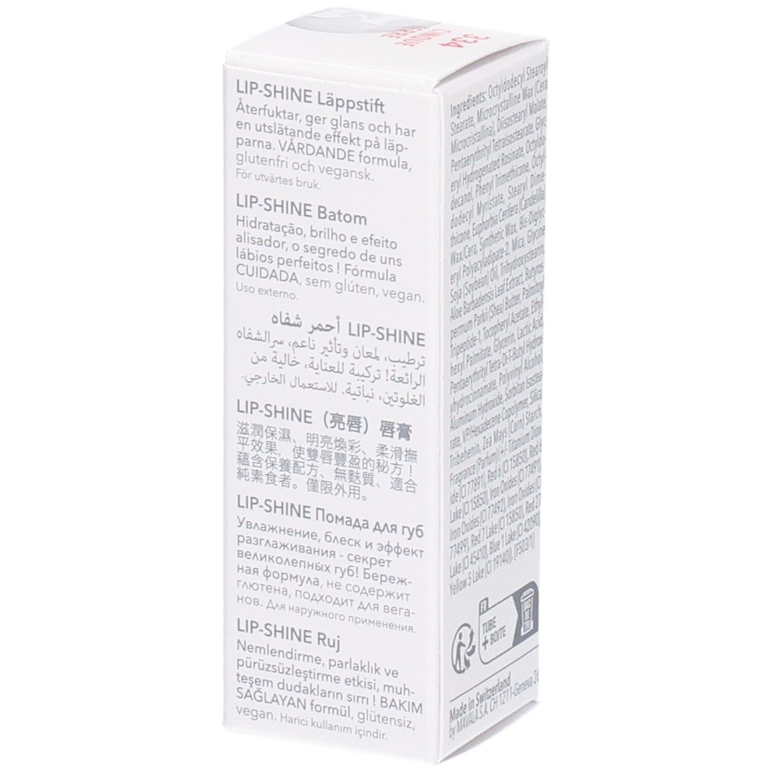 Vue latérale de l'emballage Mavala Lip-Shine avec descriptions produit multilingues. 4g.
