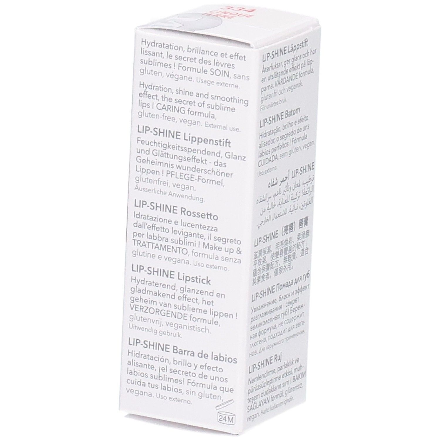 Vue latérale de l'emballage Mavala Lip-Shine avec descriptions produit multilingues. 4g.