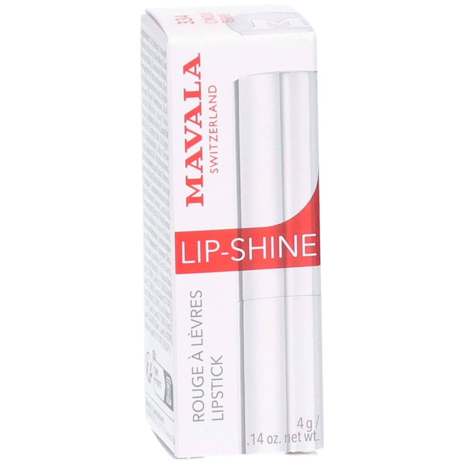 Mavala Lip-Shine Rouge à Lèvres dans son emballage blanc avec accent rouge. 4g.