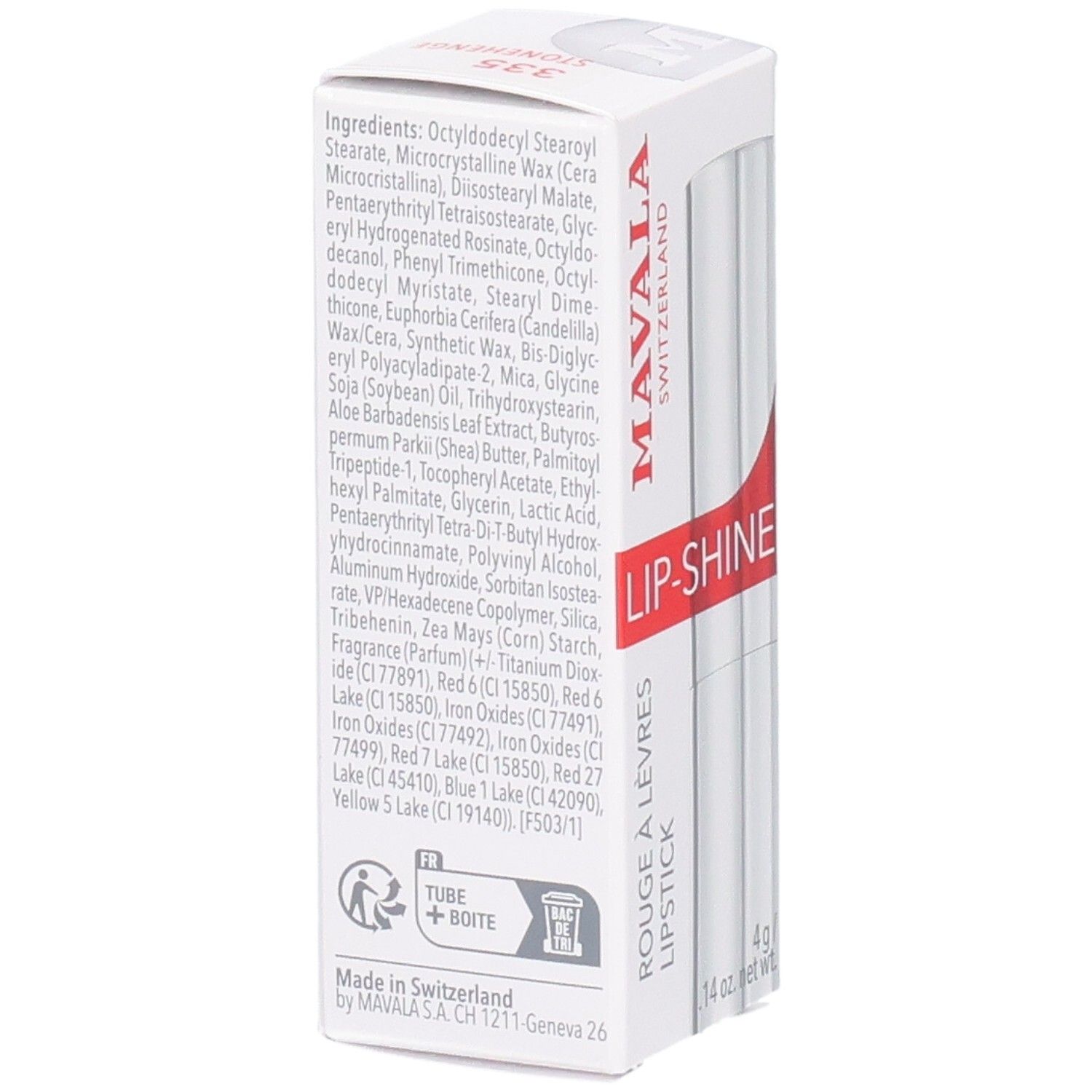 Arrière de l'emballage Mavala Lip-Shine avec ingrédients et informations. 4g.