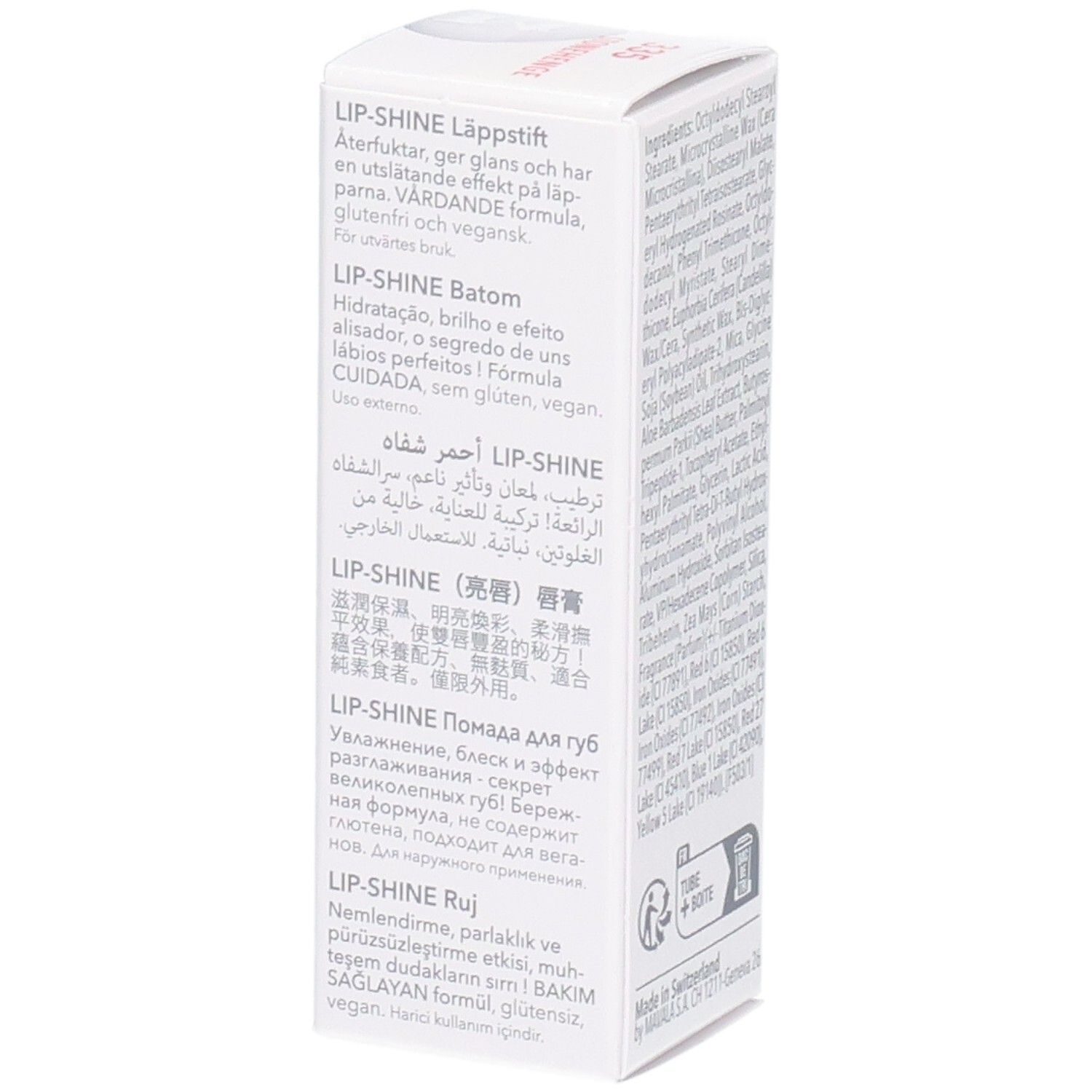 Vue latérale de l'emballage Mavala Lip-Shine avec descriptions produit multilingues. 4g.